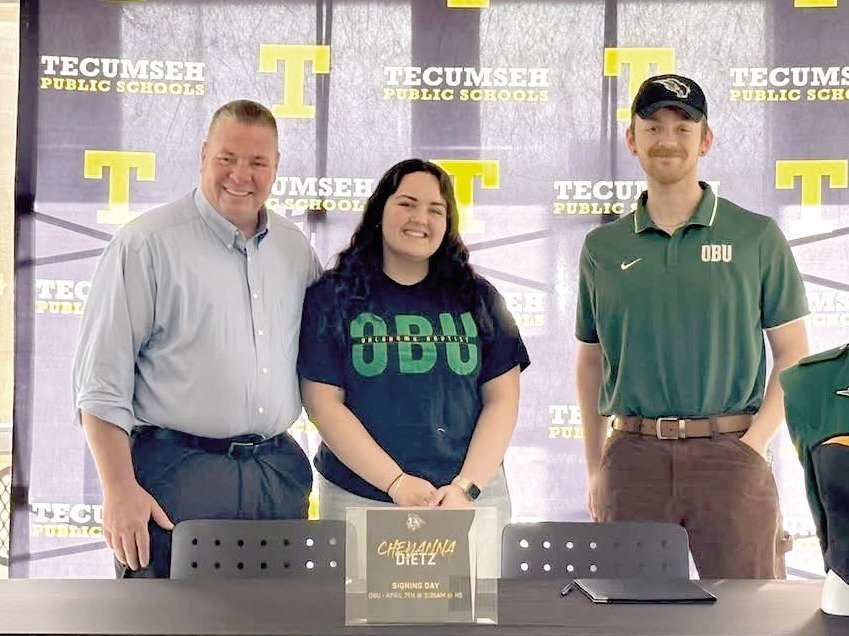 Tecumseh Senior Cheyanna Dietz, center, signed on April 7 with OBU's Bison Brigade, where she will play Baritone. Also shown are THS Band Director John Outon, left, and OBU Assistant Band Director Gavin Strickland. Photo Provided. Click on the camera banner ad below to see all the photos taken by Natasha Dunagan, Countywide & Sun.