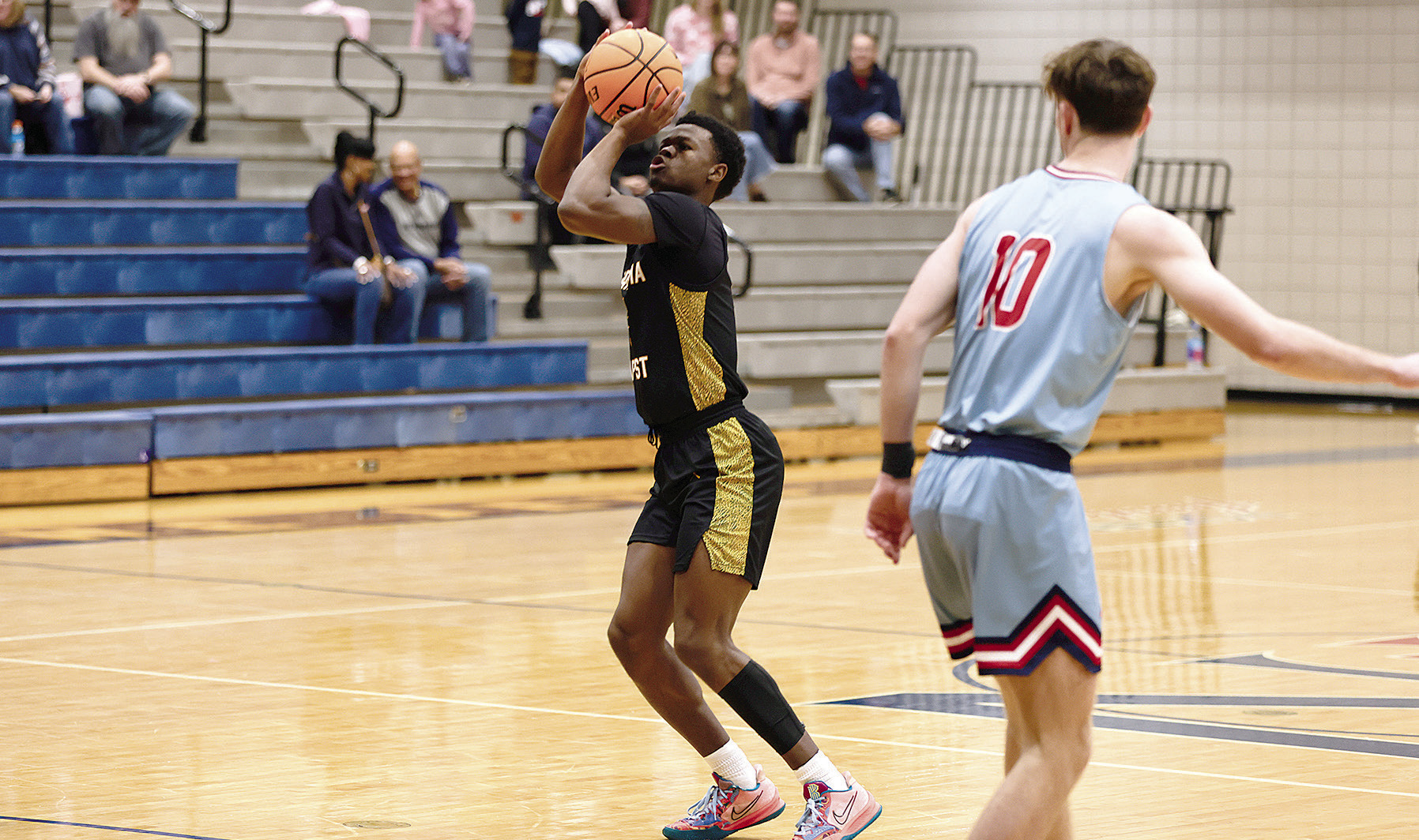 OBU’s Ricky Brown puts up a shot from beyond the arc. Brown contributed 14 points toward the 87-70 win over the Newman Jets Friday, Nov. 22. The Bison will travel to take on Dallas Baptist Nov. 29 with tipoff at 5 pm. Photo provided by OBU
