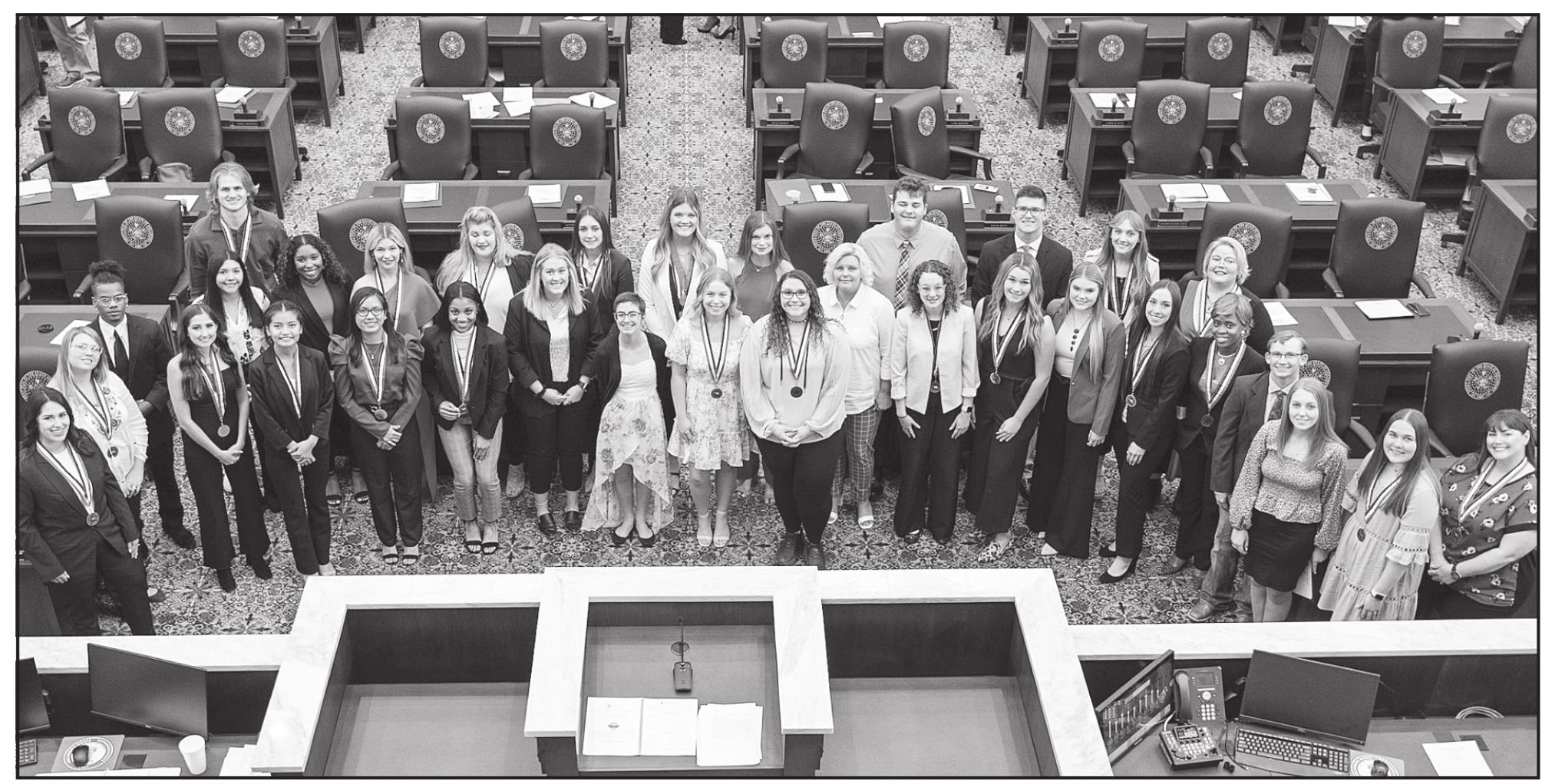 All-Oklahoma Academic Team honorees and Tuition Waiver recipients pose for a photo following the awards assembly on the chamber floor of the Oklahoma House of Representatives. Provided photo.