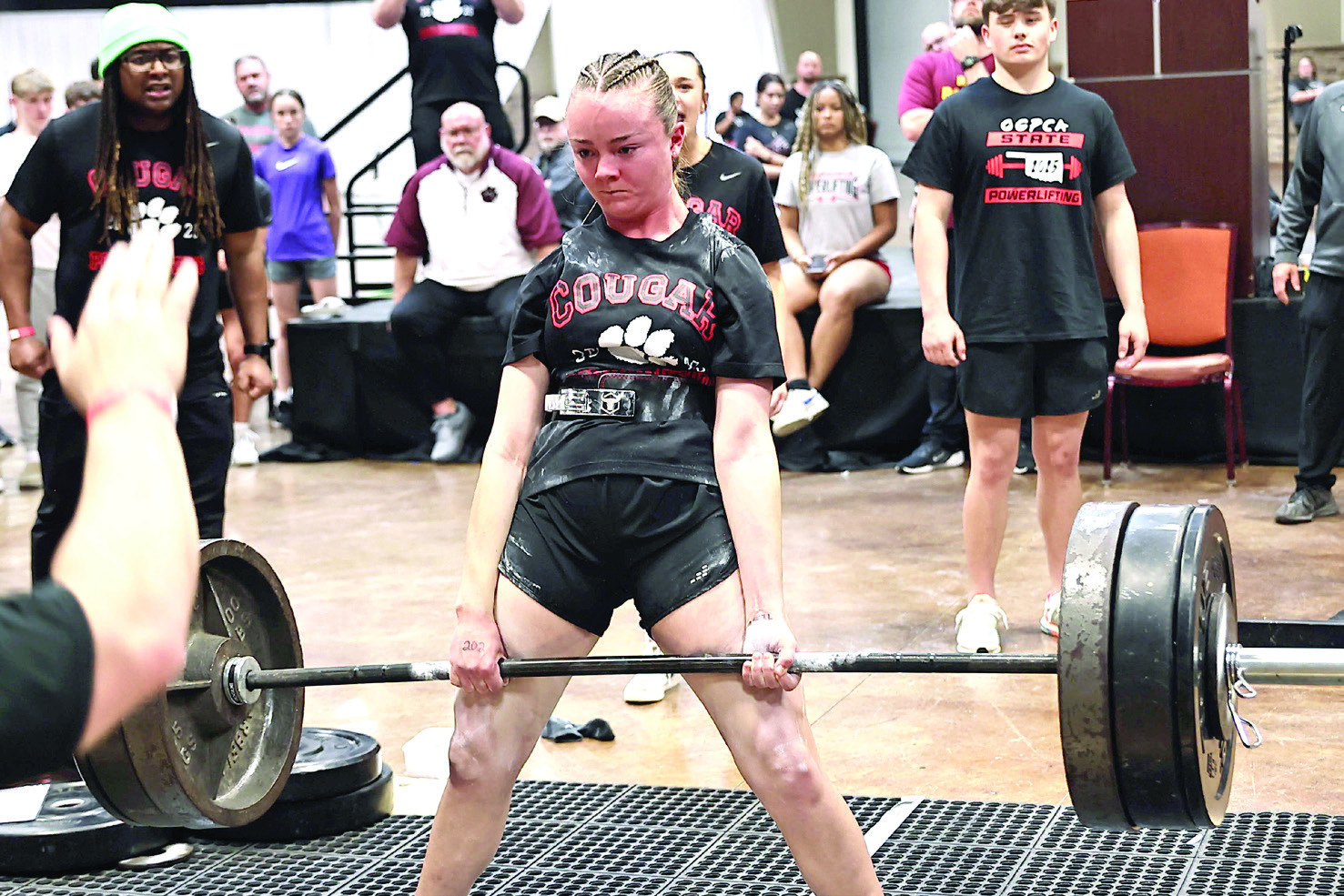 North Rock Creek's Molly Campbell placed fourth in squats, and set an Oklahoma state record deadlift of 365 pounds. She placed second in High School in the 150-weight class, with a total weight of 760 pounds. Photo courtesy of Gowin Photography