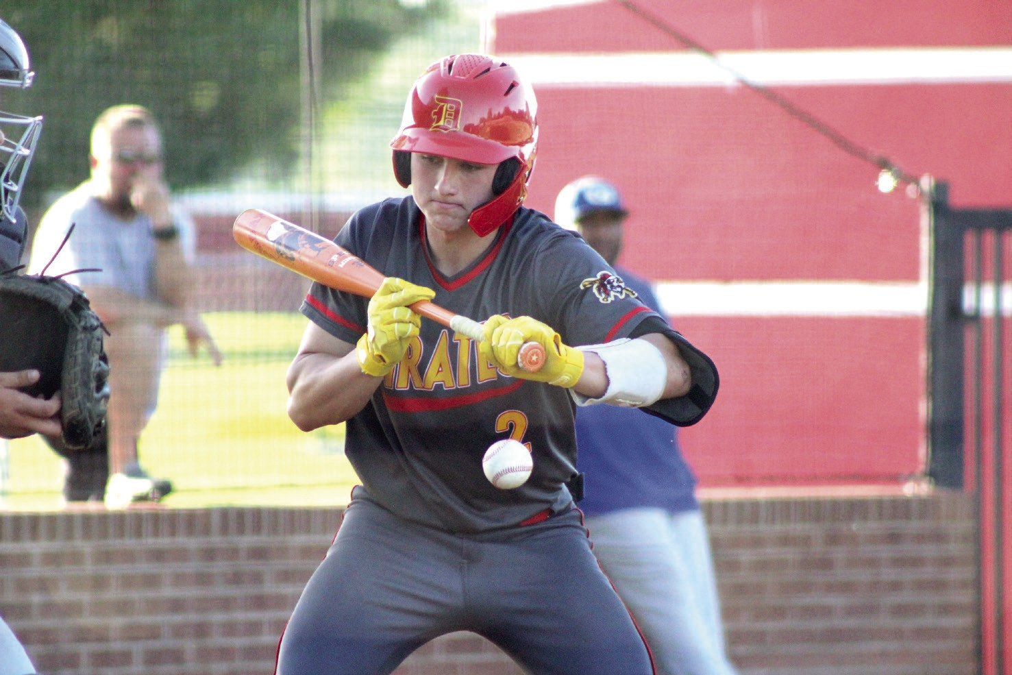 Dale junior Jackson Harris passes on a ball before hitting a single in the May 1 Senior Night home game against Guthrie. The Pirates won, 8-1, and will play in the Class 2AI Regional Tournament today (May 8) at home, beginning at 11 am. If they win, they will play at 4 pm. Then, the action continues on May 9 at 6:30 pm, and if necessary, on May 10 at 2 pm. Natasha Dunagan, Countywide &amp; Sun