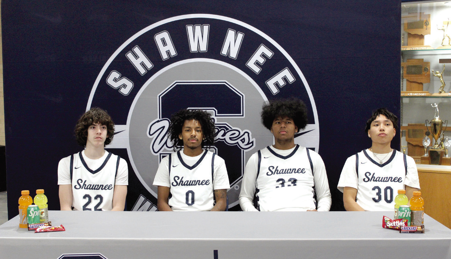 Shawnee High School held a Media Day for the Wolves basketball team on Jan. 21. Following photos, 11 varsity players were available to answer questions about the season. Shown, from left, are Edan Litherland, Daytain Patton, Aidon Siqueiros and Aaron Wilson. Countywide & Sun/Natasha Dunagan