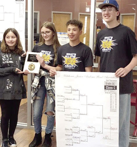 Bethel sixth- and seventh-graders Isabel Fitzgerald, Madison Jones, Noah Gascon and Everett Quirk won top honors at the Oklahoma Junior Academic Bowl recently. Photo provided