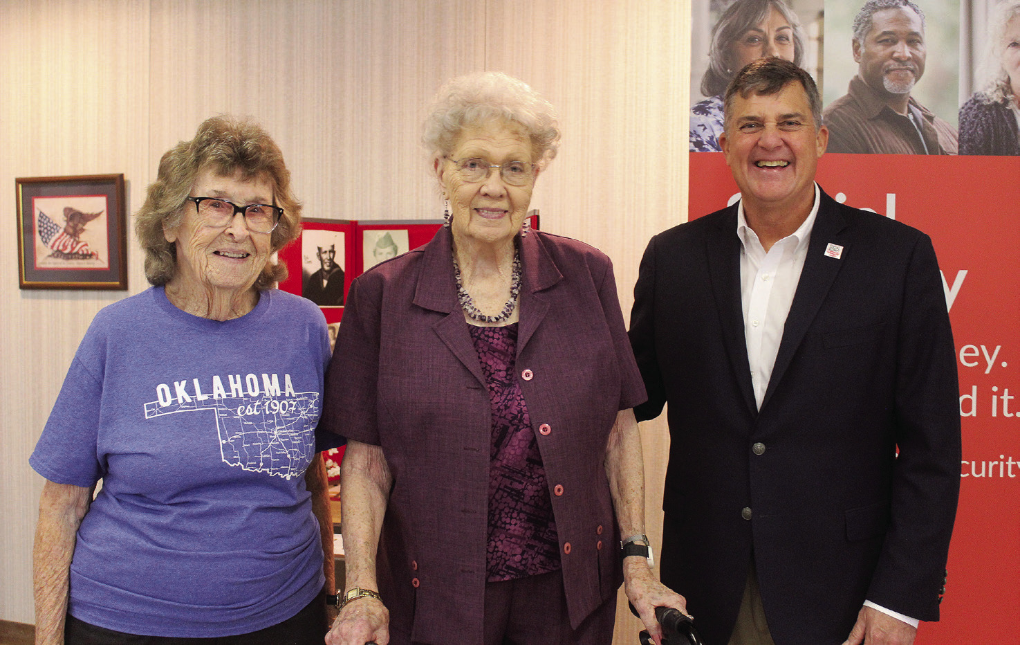 Tecumseh residents Almeda Dyer and Leota Trice, who both turned 94 last month, pose with AARP Oklahoma State Director Sean Voskuhl during a celebration of Social Security's 90th anniversary, held at the Tecumseh Golden Age Center, in conjunction with Project HEART, on Aug. 12. Photos by Natasha Dunagan, Countywide &amp; Sun