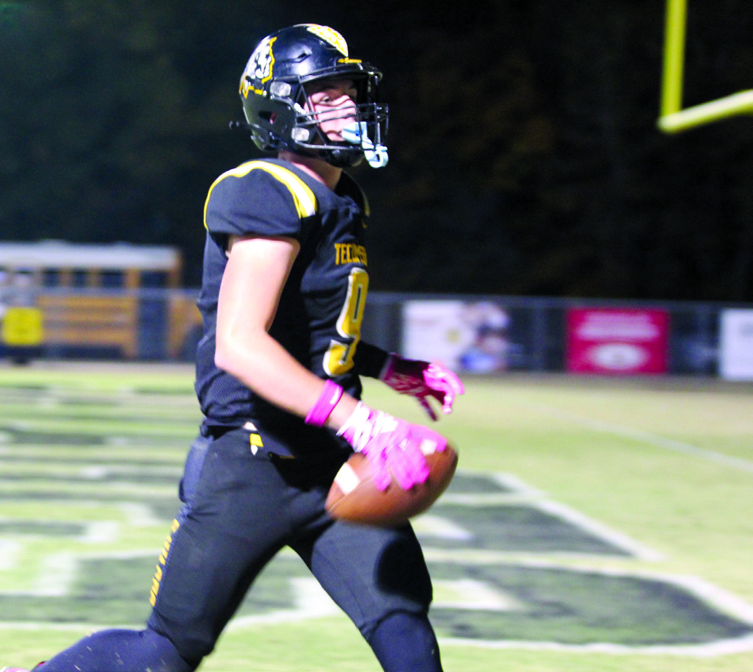 Tecumseh senior Kaeson Pine catches a pass in the endzone for a touchdown during the district home game with Chickasha on Oct. 25. The Savages lost in overtime, 41-47. Countywide & Sun/Natasha Dunagan