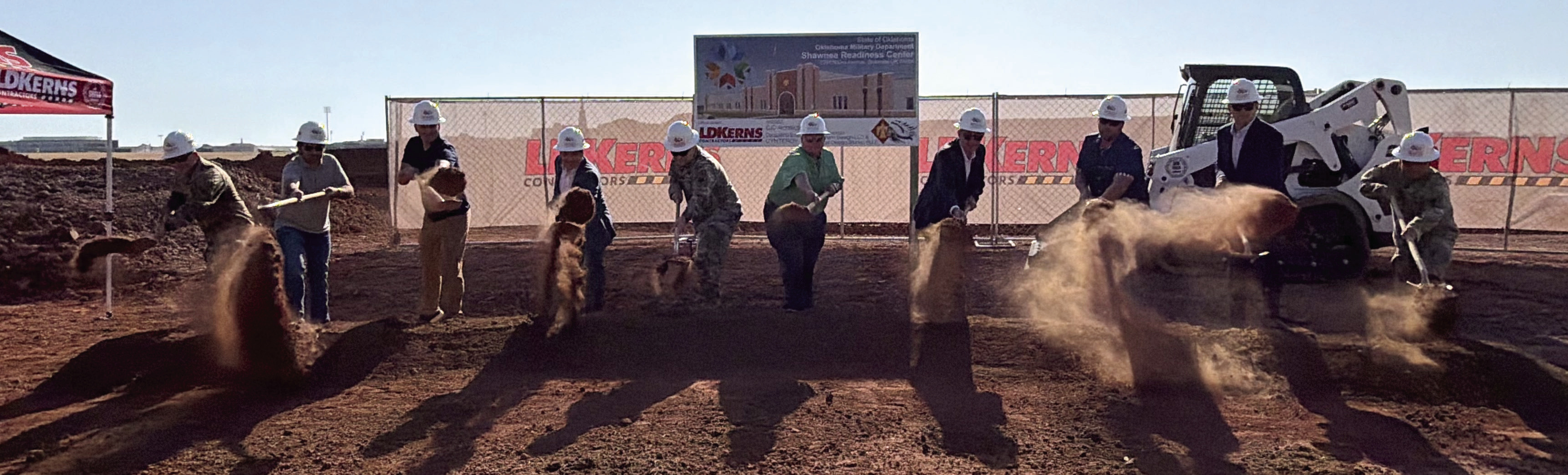 A ceremonial groundbreaking was held on the west side of the Shawnee Airport. This is the location of the new Oklahoma Military Department's Shawnee Rediness Center. Pictured from left are Lt. Col Montana Dugger, Shawnee City Commissioner Chris Odneal, Michael Hagan, Sen. Shane Jett, Maj. Gen. Thomas Mancino, Rep. Dell Kerbs, Matt Simpson, Shawnee City Manager Mark Simpson, and State Sgt. Maj. John Hernandez. Suzie Campbell, Countywide &amp; Sun