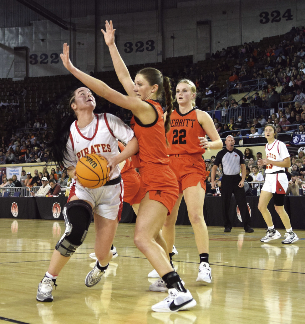 Senior Karsen Griggs fights for the basket in the 2A State Tournament on March 9th. As defending Champs, Dale beat out Okemah and Howe before falling to Merritt in a 23-25 nail biter. Countywide &amp; Sun/Julie Talton