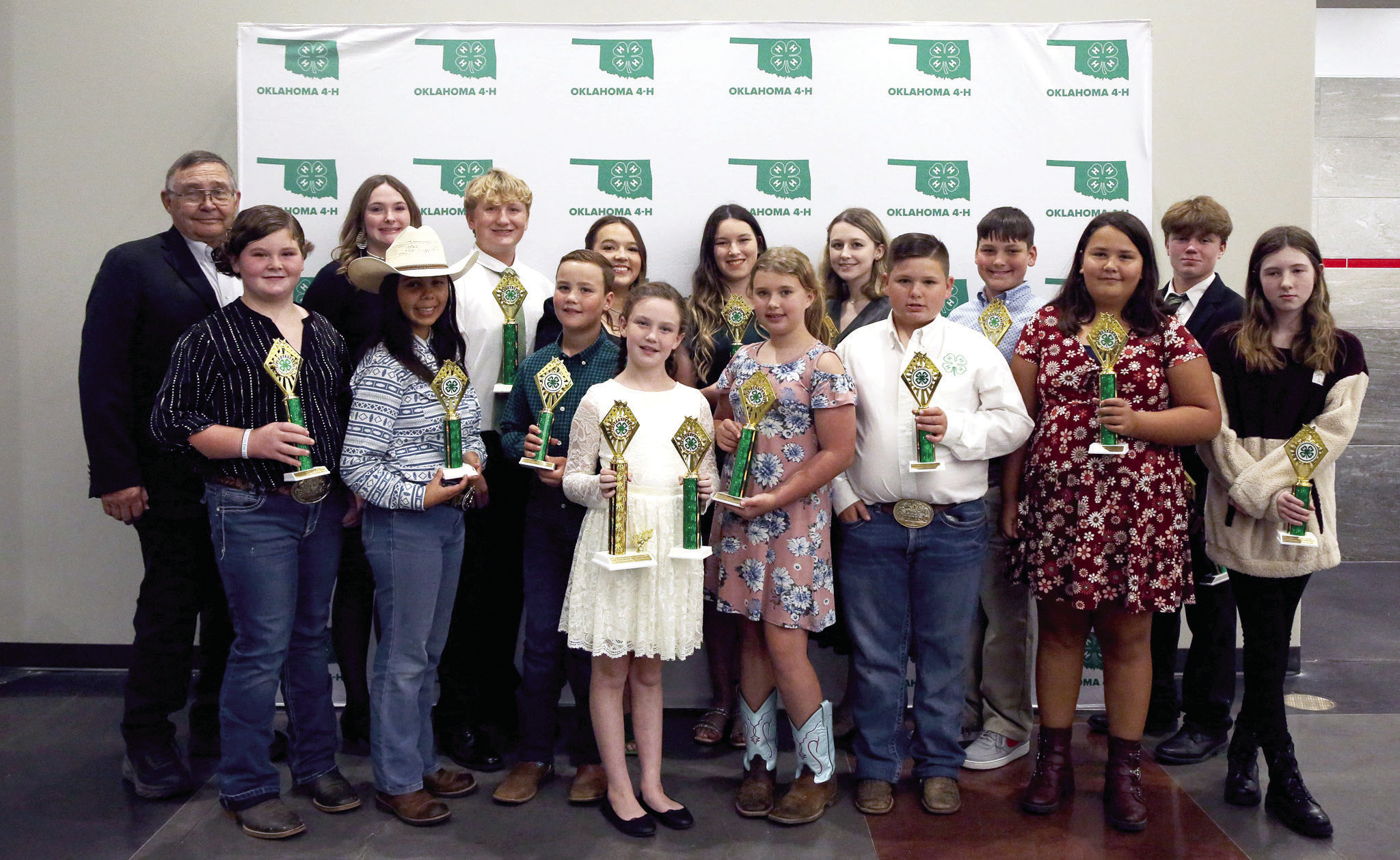 Pottawatomie County Farm Bureau fair high point awards were presented to the following students at the 4-H Achievement Banquet recently held at North Rock Creek School. Front row from left: Colleen Williams, Alissa Powell, Legend Baker, Tacyie Baker, Emily Davis, Alex Hurst, Braelin Lincoln, and Adalynn Larson. Back row from left: John Grundmann, Maygn Alls, Andrew Collins, Morley Griffith, Grace Hobbs, Emma Collins, Gabe Hobbs, and Taylor Marrs. Photo provided