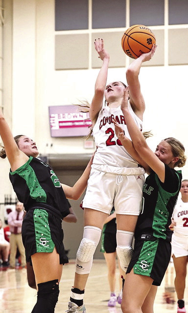 North Rock Creek's Kadence Munn sinks in two of her 17 points in the home game against Seminole. The Lady Cougars dominated the Chieftains in the 75-10 win. Photo Courtesy of Gowin Photography