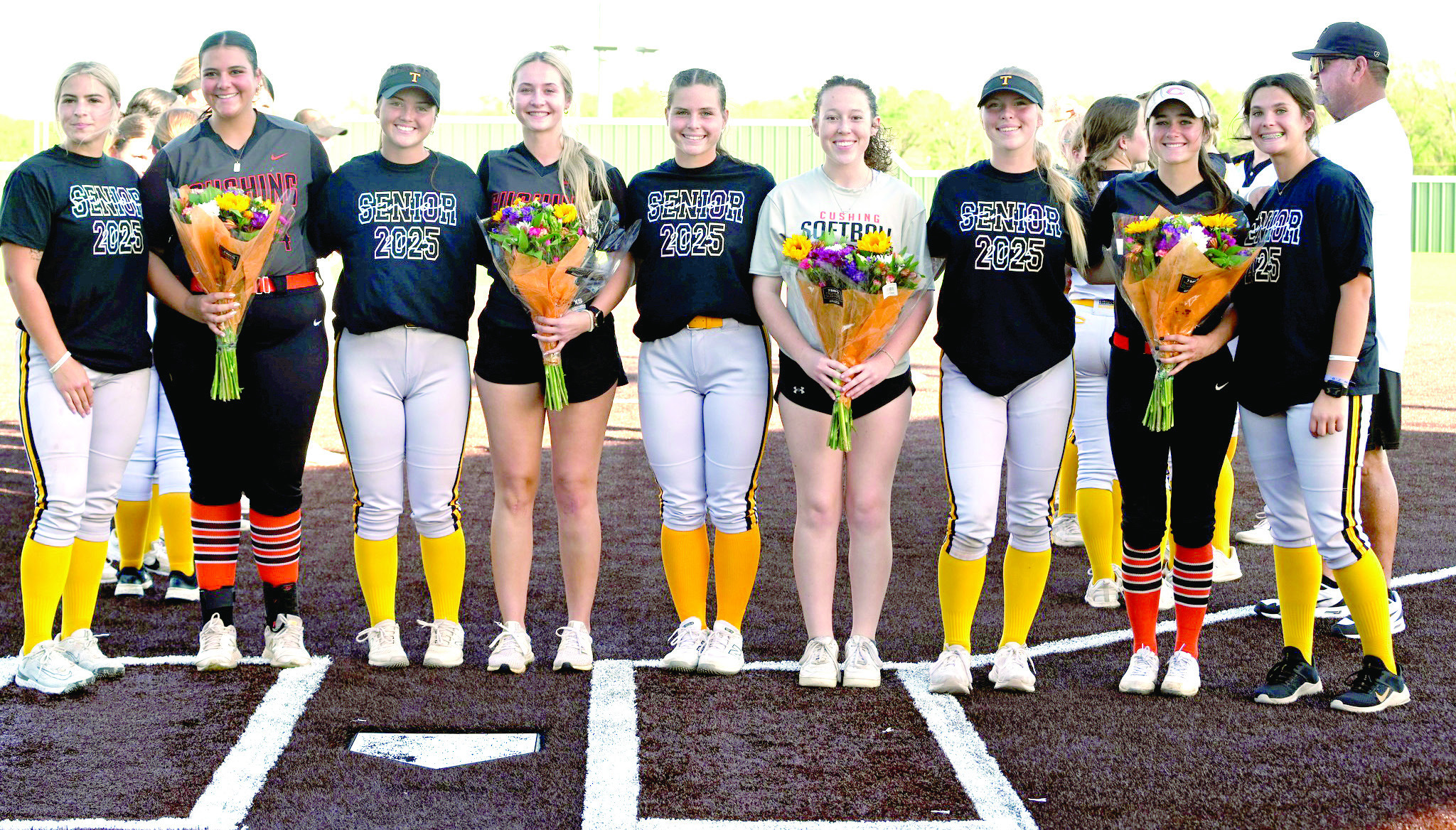 Tecumseh High School Slow Pitch Senior Night was celebrated on April 21 at FireLake Ball Fields. They honored seniors from both Tecumseh and the visiting team of Cushing. Lady Savages, shown in 'Senior 2025' T-shirts from left, are Alyssa Norton, Jessi Hull, Katie Overstreet, Aleigha McCullough, and Kynlee Donaghey. Photo courtesy of Kenetta Lisenbee
