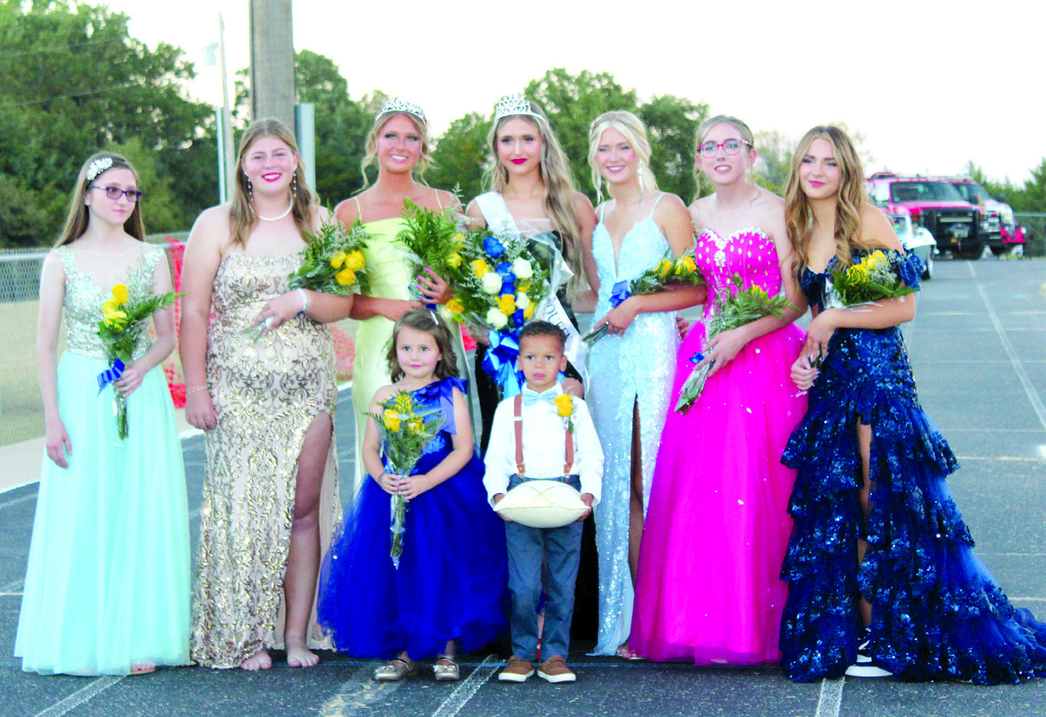 The Bethel Fall Homecoming Court poses after coronation ceremonies on Oct. 20. Shown, from left, are Sophomore Attendent Dalila Beer, Queen Candidate Ashlee Ginn, 2022 Homecoming Queen Kloee Nichols, 2023 Homecoming Queen Asa Ward, Queen Candidate Braylie Freeman, Junior Attendant Shyla Arnold, and Freshman Attendant Rylan Freeman. The flower girl was Jemma Vasquez, 5, and the crown bearer was Braxton Colvin, 4. Countywide &amp; Sun/Natasha Dunagan