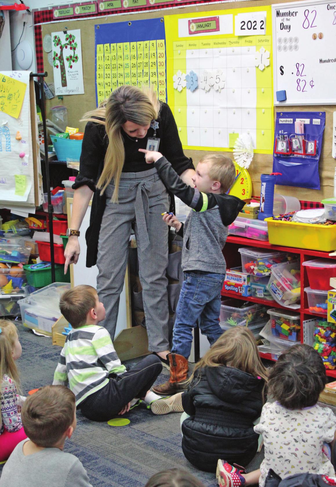 Bethel teacher Kerry Ingersoll directs one of her kindergarten students on Jan. 6. Ingersoll is one of 12 nominees for Oklahoma State Teacher of the Year for 2022. She has been teaching for 16 years and feels strongly about helping her students deal with the trauma in their lives. Countywide & Sun/Natasha Dunagan