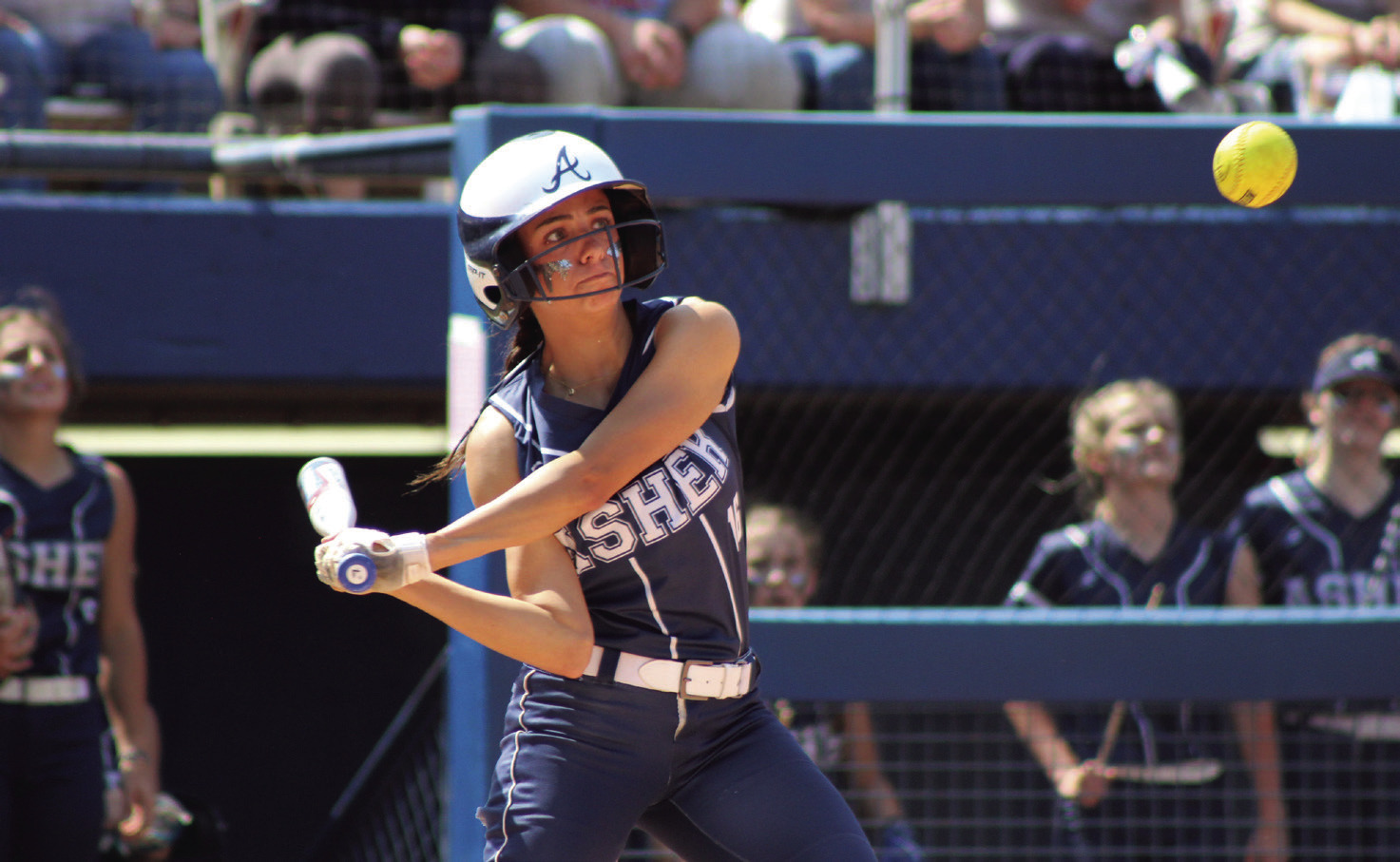 Asher senior Payton Leba hits a triple in the first inning of the Class B Slow Pitch State Quarterfinals with Tupelo, held at the USA Softball Hall of Fame in OKC on May 1. The #5-ranked Lady Indians lost to the #4-ranked Lady Tigers, 4-7, and they end their season with a 30-8 record.