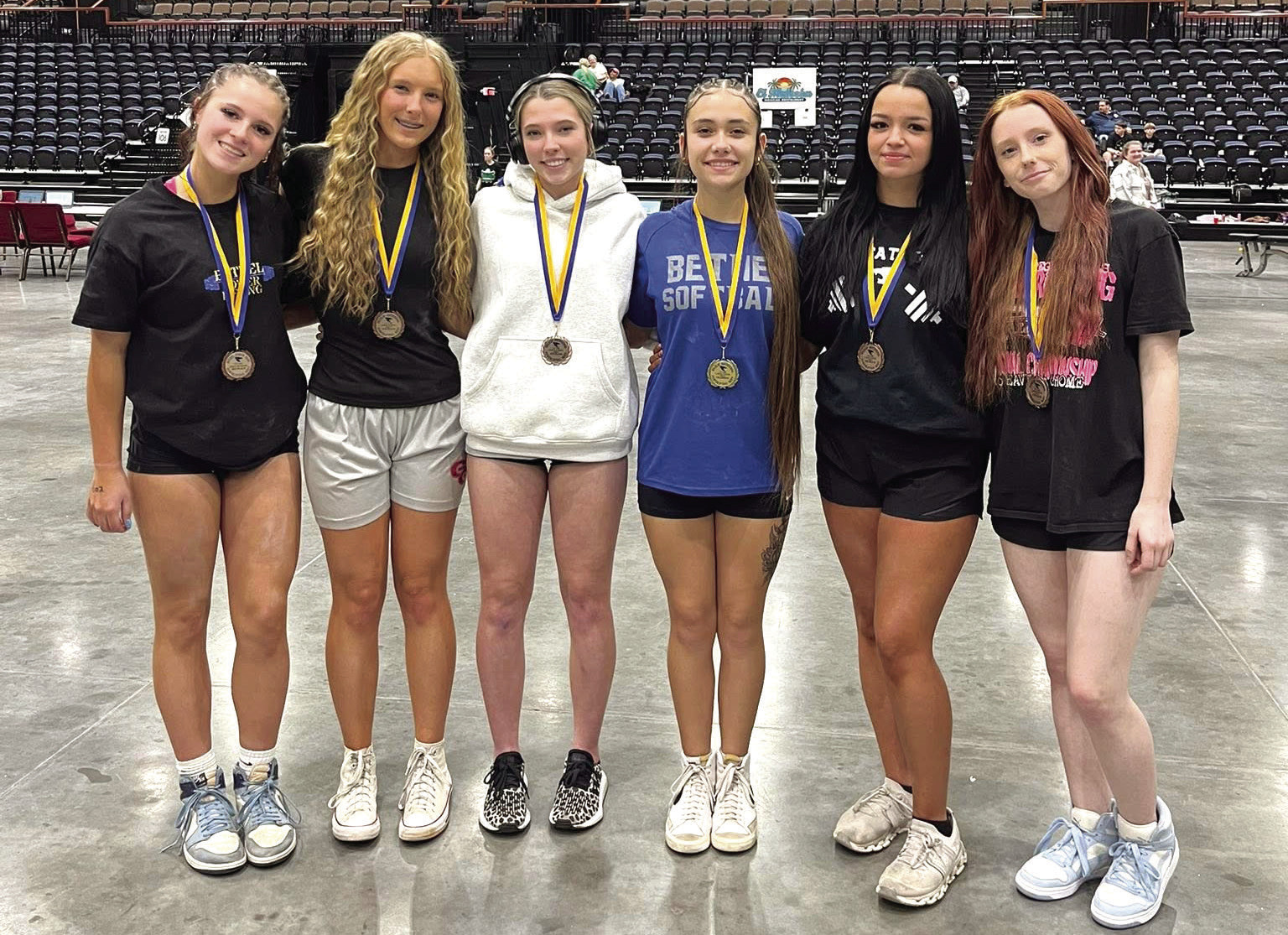 Six Bethel Lady Wildcats placed at the Seventh Annual Bethel Wildcat Powerlifting Meet, held at FireLake Arena on Jan. 29-30. Shown, from left, are Emiry Blizzard, Corley Steward, Frost Peltier, Stohrie Rhynalds, Makenzie Sullivan, and Lynzie Dye. Photo provided