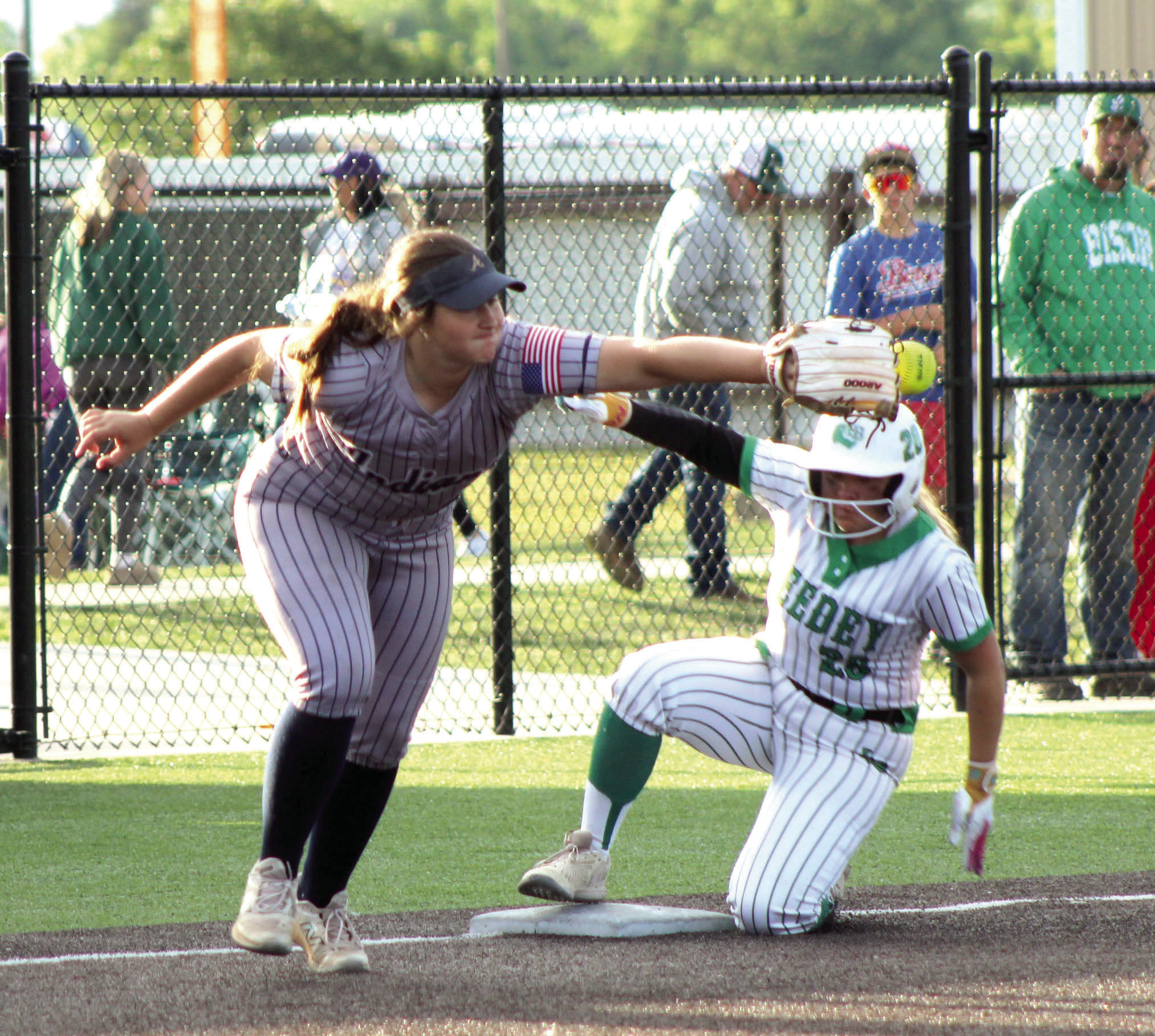 Asher freshman Karley King reaches for the catch at third base during the second inning of the Class B Slow Pitch State Championship game against Leedey, held at FireLake Ball Fields on May 6. The Lady Indians won the quarterfinals with Big Pasture, 4-3, and the semifinals against Lookeba-Sickles, 5-0, before falling to Leedey, 10-12. They end their season as the state runner-up, with a record of 28-9.