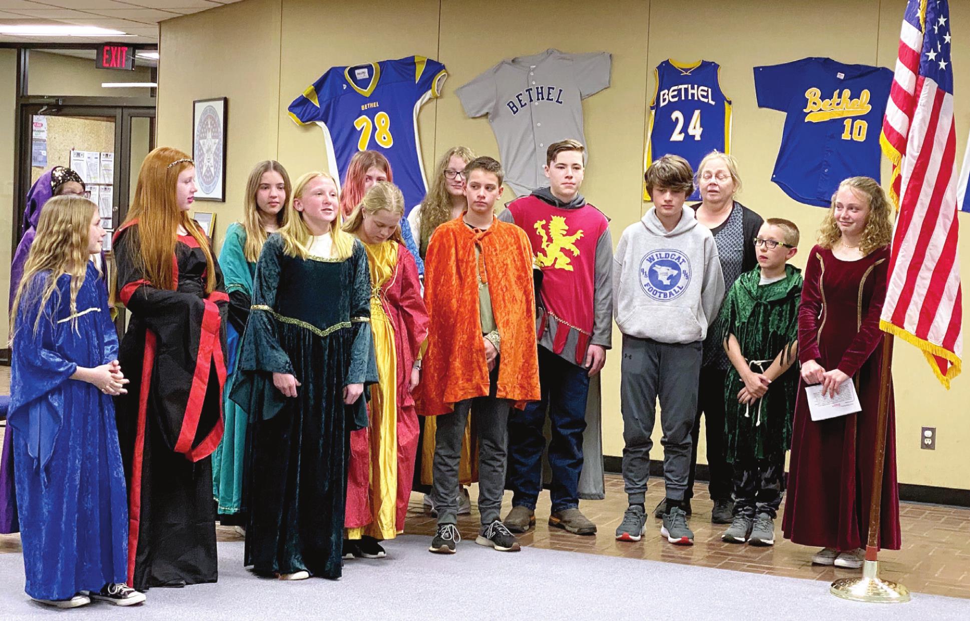 Bethel students, grades sixth through eighth, open the Bethel School Board meeting held March 7 wearing medievel costumes. Countywide &amp; Sun/Suzie Campbell