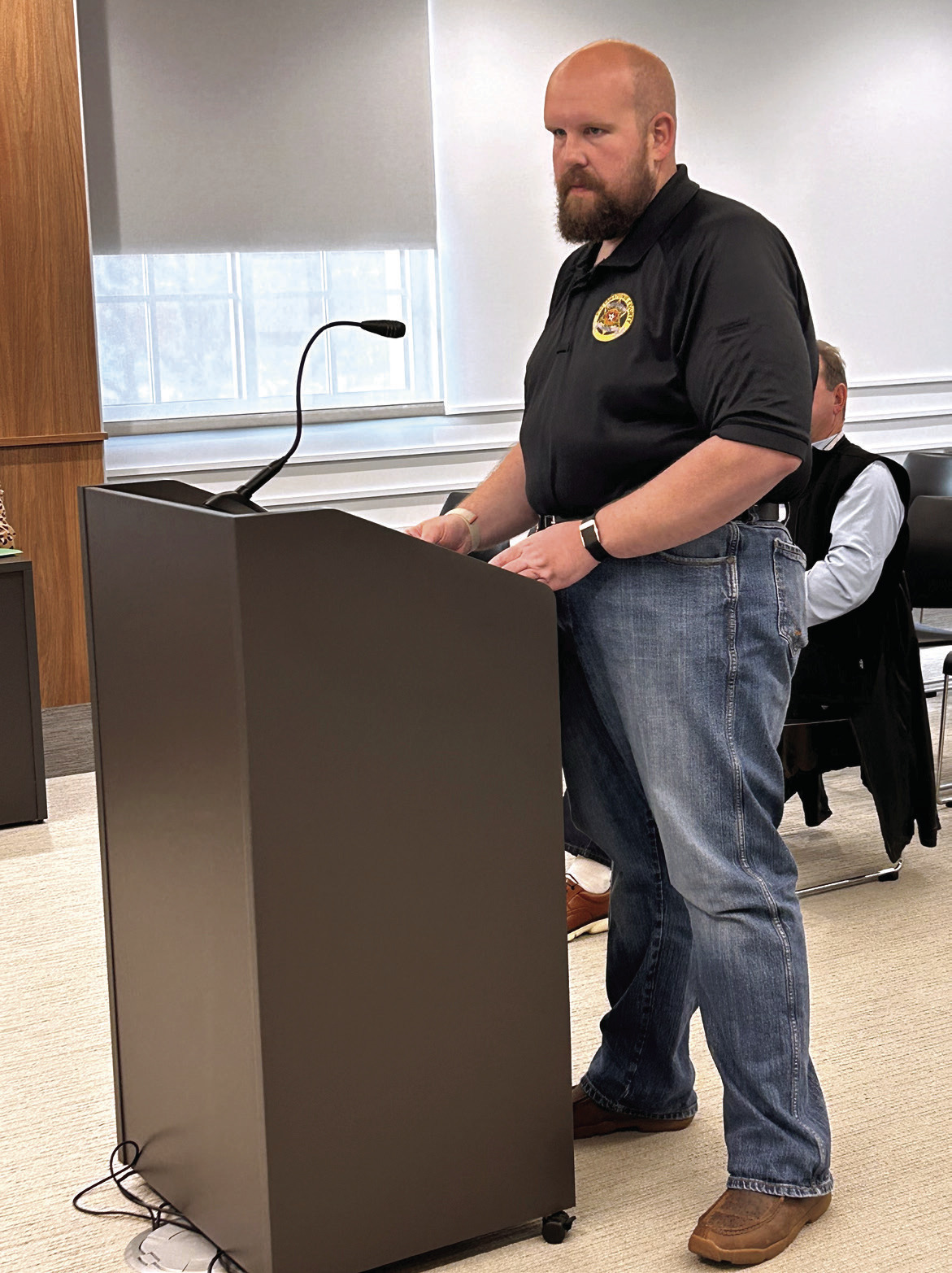 Pottawatomie County Deputy, Captain Jared Strand, presents a vehicle lease proposal to the Commissioners in an effort to maintain a manageable budget, without the spikes when requesting multiple replacement vehicles. No decision was made during the Feb. 24 meeting. Suzie Campbell, Countywide &amp; Sun