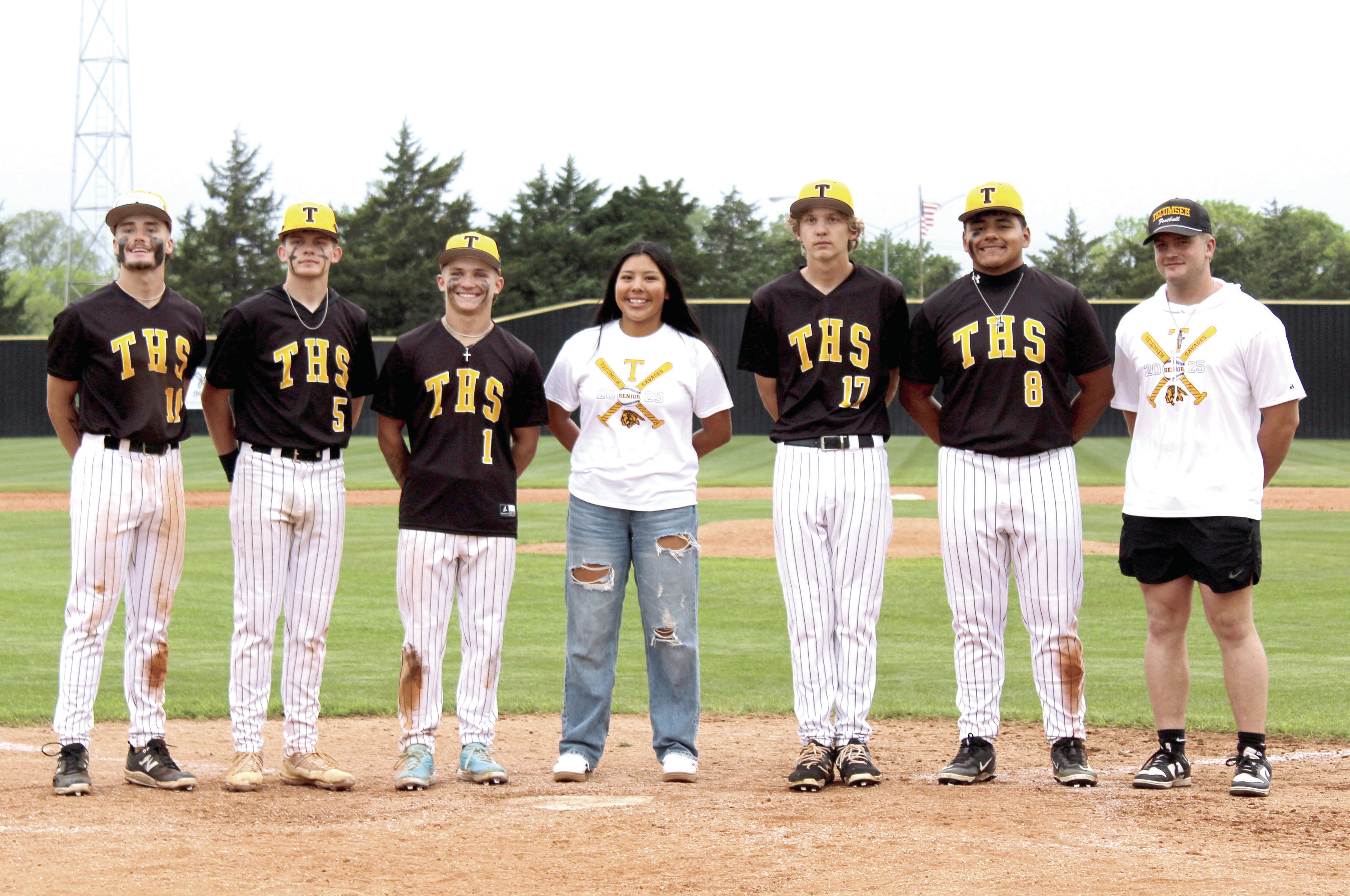 Tecumseh High School held their Baseball Senior Night on April 28. Shown, from left, are Caleb Sparks, Lane Steward, Zant Shirey, manager Zariyah Masquas, Zach Walker, Kadyn Prado and Braxton Meier. Photos by Natasha Dunagan, Countywide & Sun
