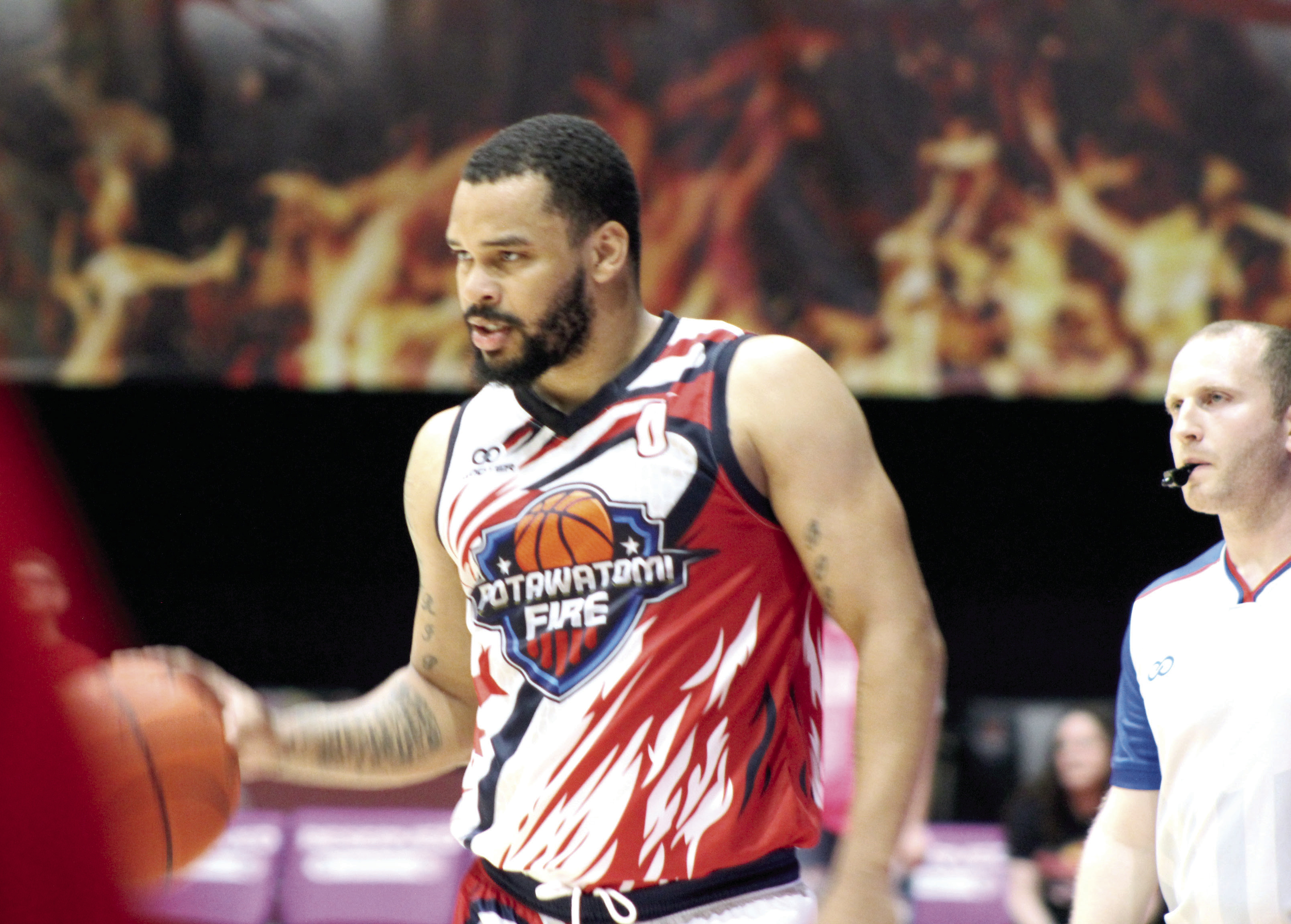Potawatomi Fire Guard Deshawn Munson takes the ball up-court in the April 26 home game against the St. Louis Griffins. According to potawatomifire.com, Munson reached 2,000 TBL career points during the game, joining Chuck Guy who accomplished the milestone last season. The Fire won 127-124, in overtime. Natasha Dunagan, Countywide & Sun