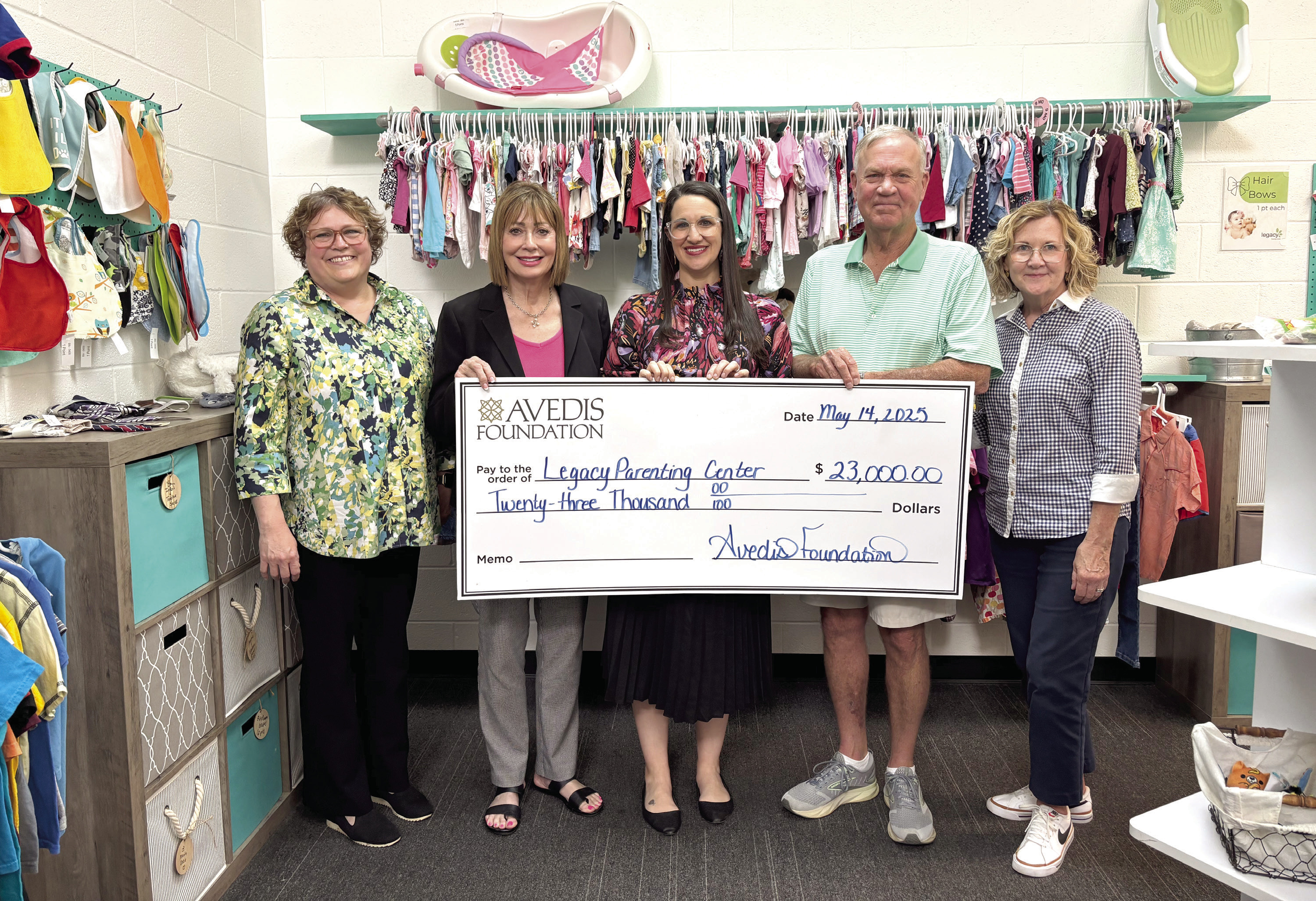 Pictured from left: Tracy Meeuwsen, Program Director-Data Analyst Avedis Foundation; Kathy Laster, President &amp; CEO Avedis Foundation; Lacey Holt, Executive Director Legacy Parenting; Mark Finley, Board Member Avedis Foundation; and Audrey Seeliger, External Relations-Special Events Avedis Foundation. Photo Provided