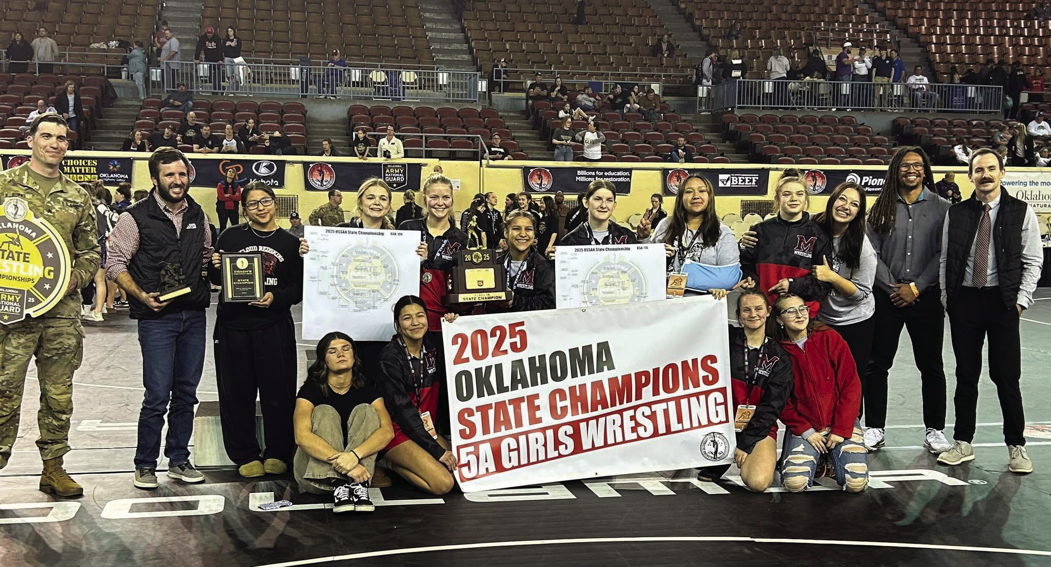 The McLoud High School Girls Wrestling Team took first in the Class 5A Oklahoma State Championship on March 1 at the State Fair Arena. This is only the second state championship for McLoud. The first was in 2002 for fast pitch softball, according to OSSAA.com. The Lady Redskins are shown with their Head Wrestling Coach William Winters, second from left. Along with the OSSAA, the event was sponsored by the Oklahoma Army National Guard. Photo provided