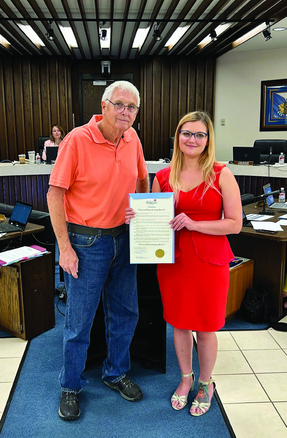 Mayor Ed Bolt presents a proclamation for National Breast Feeding Month, August 2024; received by Brooke Ewing on behalf of the Coalition of Oklahoma Breastfeeding Advocates. Ewing said, “Things like this helps make breastfeeding normalized.” Photo provided by the City of Shawnee