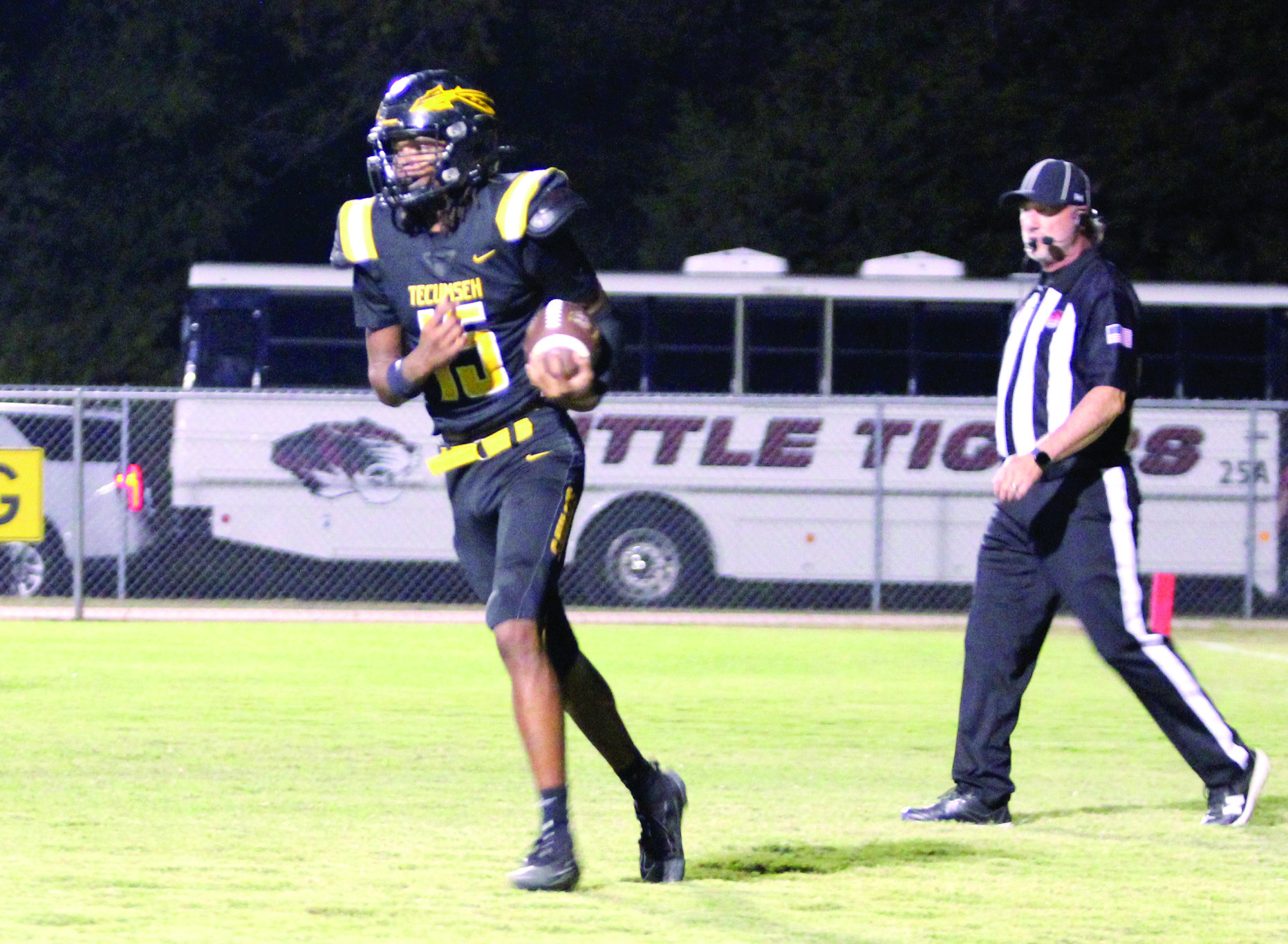 Tecumseh junior Sylis Grayson recovers after making a touchdown during the fourth quarter of the Oct. 16 home game against Tuttle. The Savages lost 6-70. Natasha Dunagan, Countywide &amp; Sun