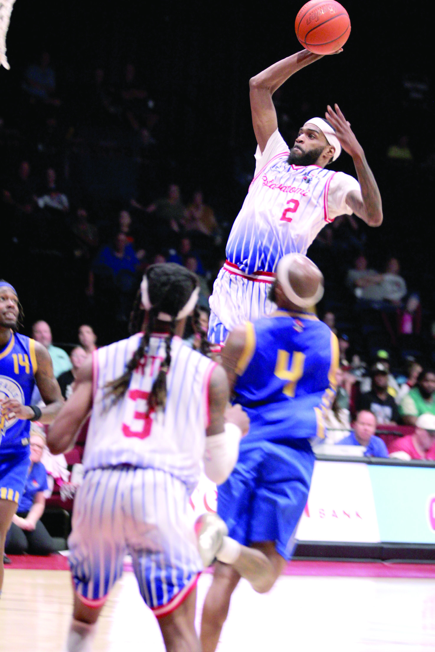Potawatomi Fire Guard and Forward Jachai Simmons rises above the competition to sink a rebound in the fourth quarter of the Western Regional Championship on June 15. The Fire beat the Great Falls Electric, 131-113, for their second game, and advance to The Basketball League Finals on Saturday at FireLake Arena. Simmons led the Fire with 29 points, his highest this season, according to potawatomifire.com. Natasha Dunagan, Countywide & Sun