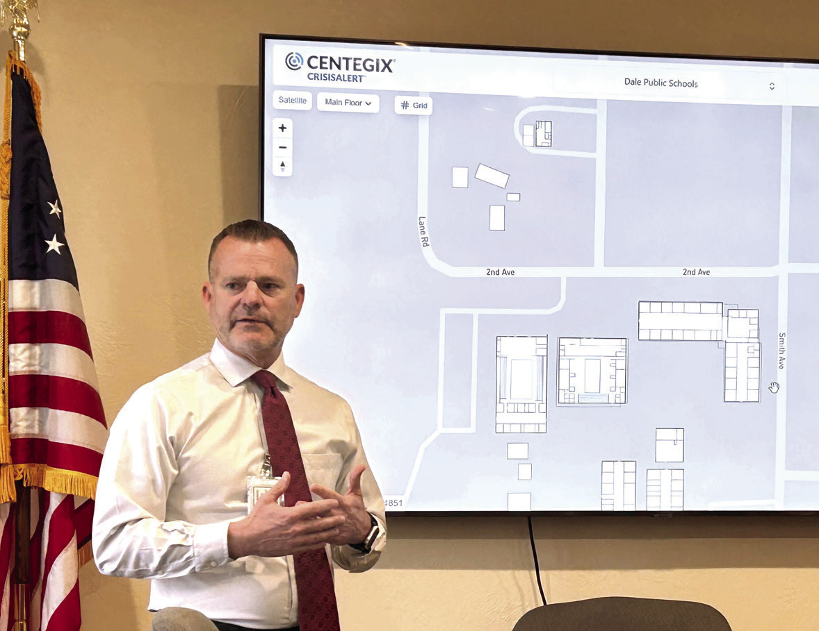 Dale Superintendent Will Jones opens the presentation regarding the recent implementation of the Centegix Crisis Alert system. Suzie Campbell, Countywide & Sun