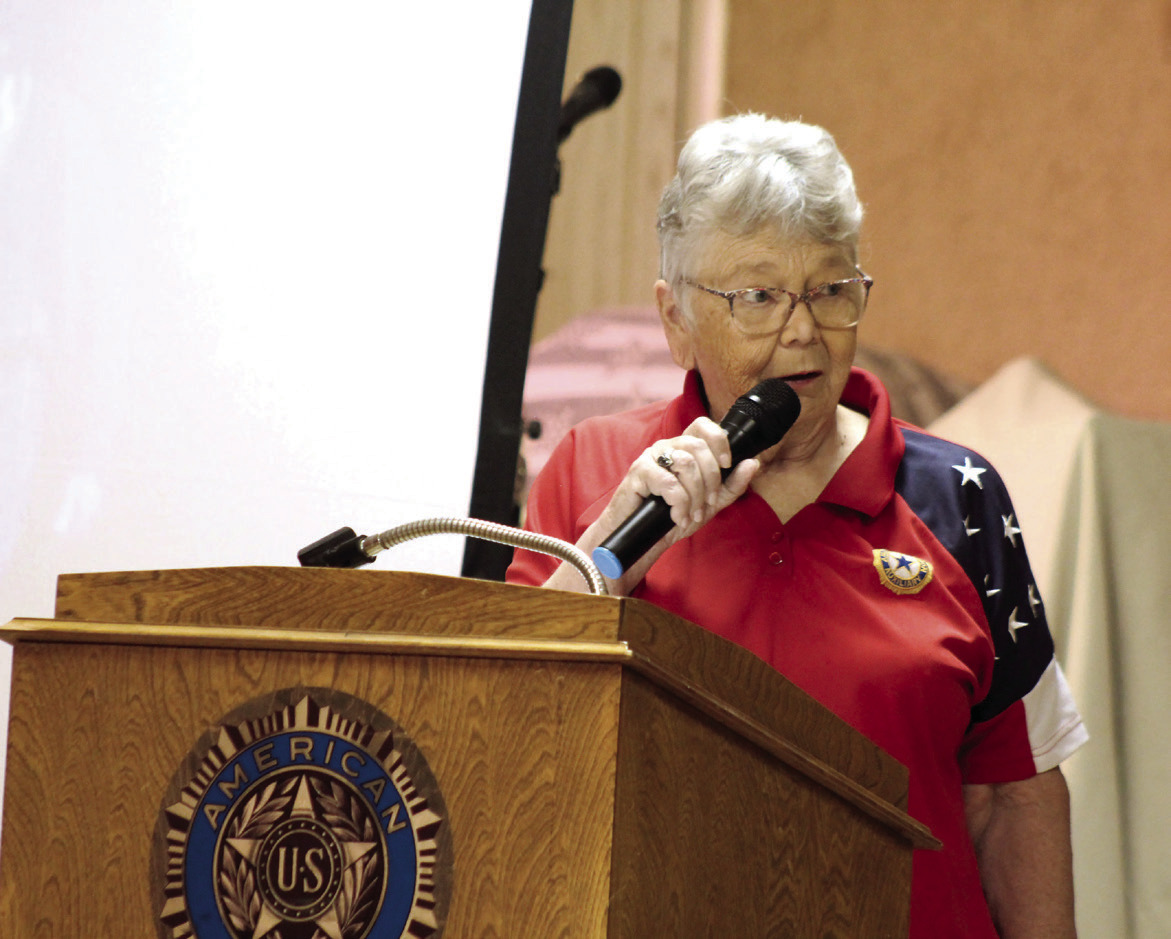 Oklahoma American Legion Auxiliary Vice President Donna Snodgrass speaks during the Tecumseh American Legion Post 260 Flag Day Ceremony on June 13. The wife of Post 260 Commander Tom Snodgrass, she spoke about how the US flag unites the country. D. Snodgrass will have an inauguration as the Oklahoma American Legion Auxiliary President on July 12, 1 pm, at the Grand Casino Hotel and Resort. Natasha Dunagan, Countywide &amp; Sun