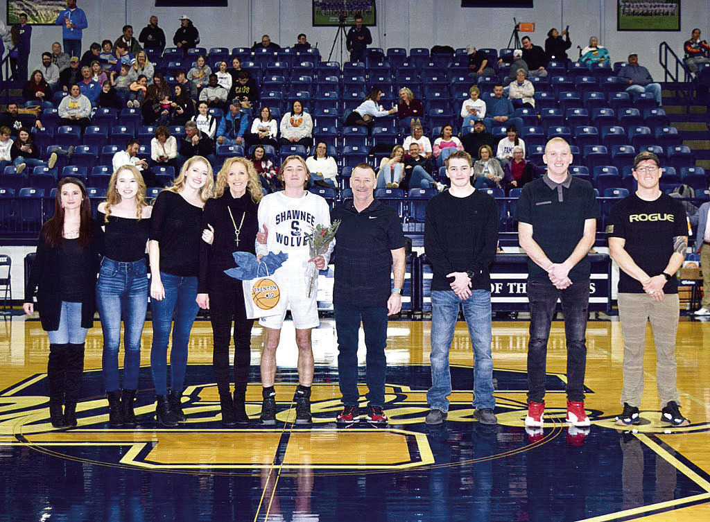 Shawnee High School honored its basketball seniors on Feb. 3. Shown is Trenton Needham and his family. Photos provided by Cherity Pennington.