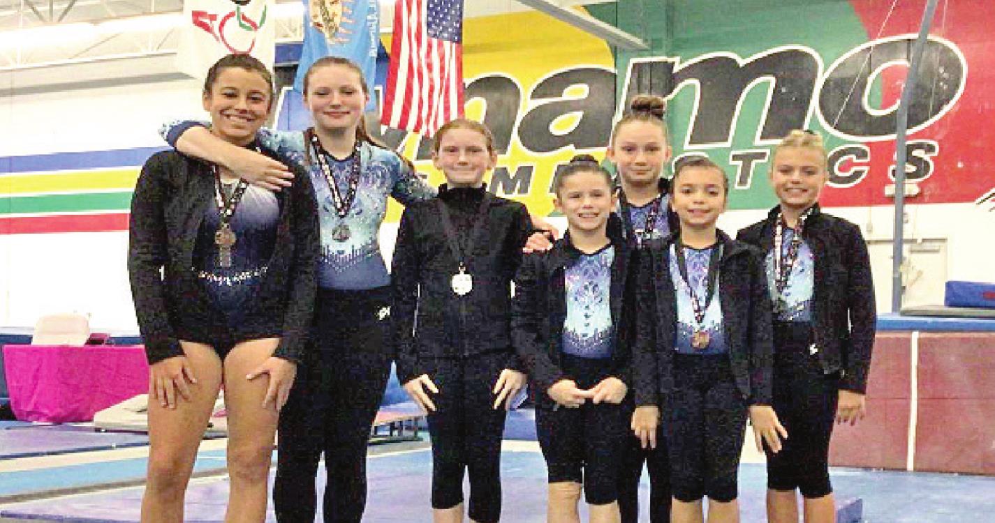 Level 4/5 gymnasts pictured above (from right) are Ocean Minor, Karlee Linn, Juliet Troutz, Rilynne Roberts, Kassidi Lowden, Aria Griggs, and Kashyrah Chavez. Photo provided