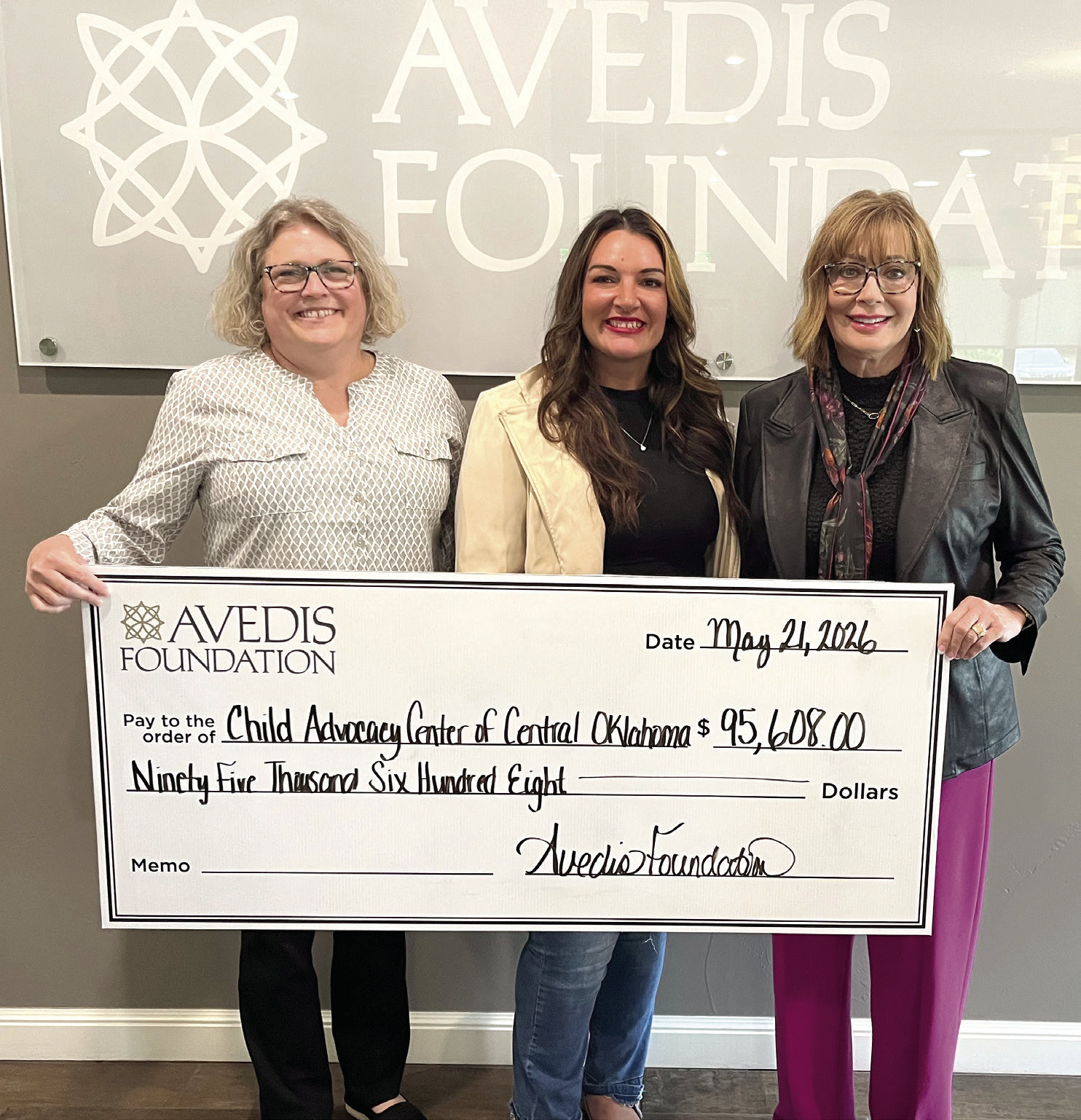 Pictured from left: Tracy Meeuwsen, Sr. Program Director-Data Analyst; Kayxandra Campbell, Child Advocacy Center of Central Oklahoma Executive Director; Kathy Laster, Ph.D., President &amp; CEO Avedis Foundation Photo provided by Avedis Foundation