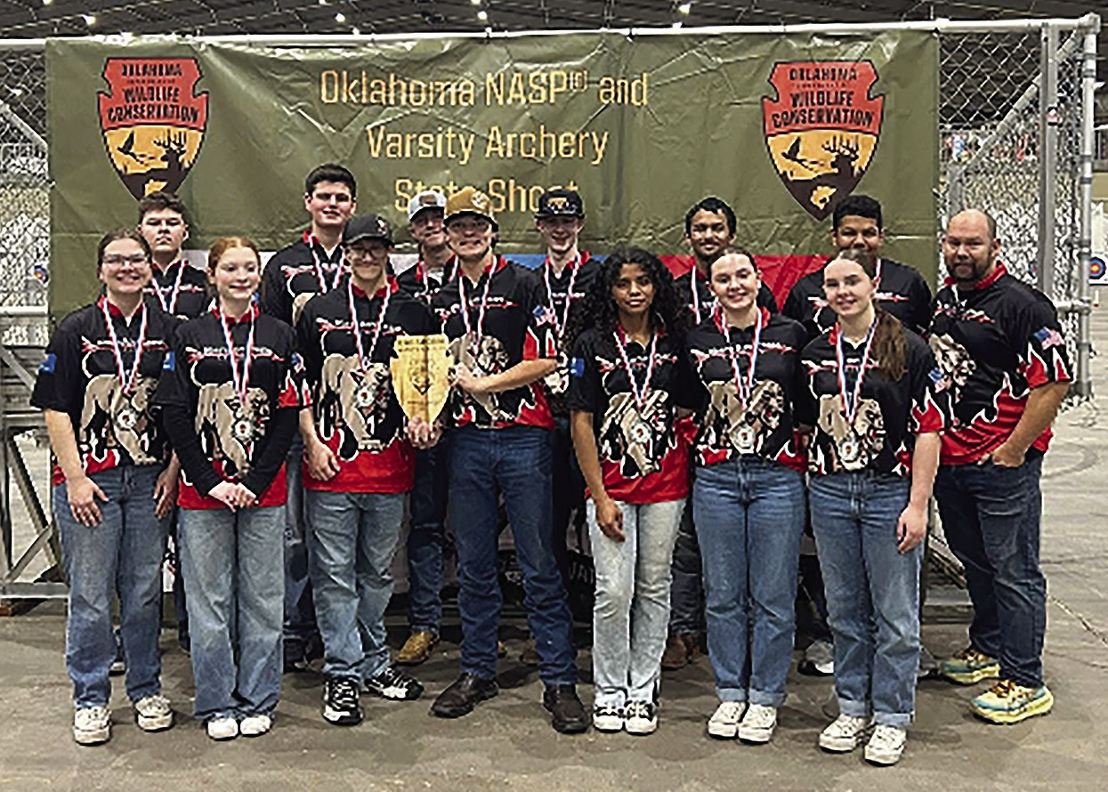 The NRC archery teams competed at Grand State in Tulsa Feb. 25. The Varsity Compound Bow Team (pictured) finished in second place. Competing in Bare Bow, HS finished sixth, Middle School placed 10th and Elementary took 11th. Photo Provided