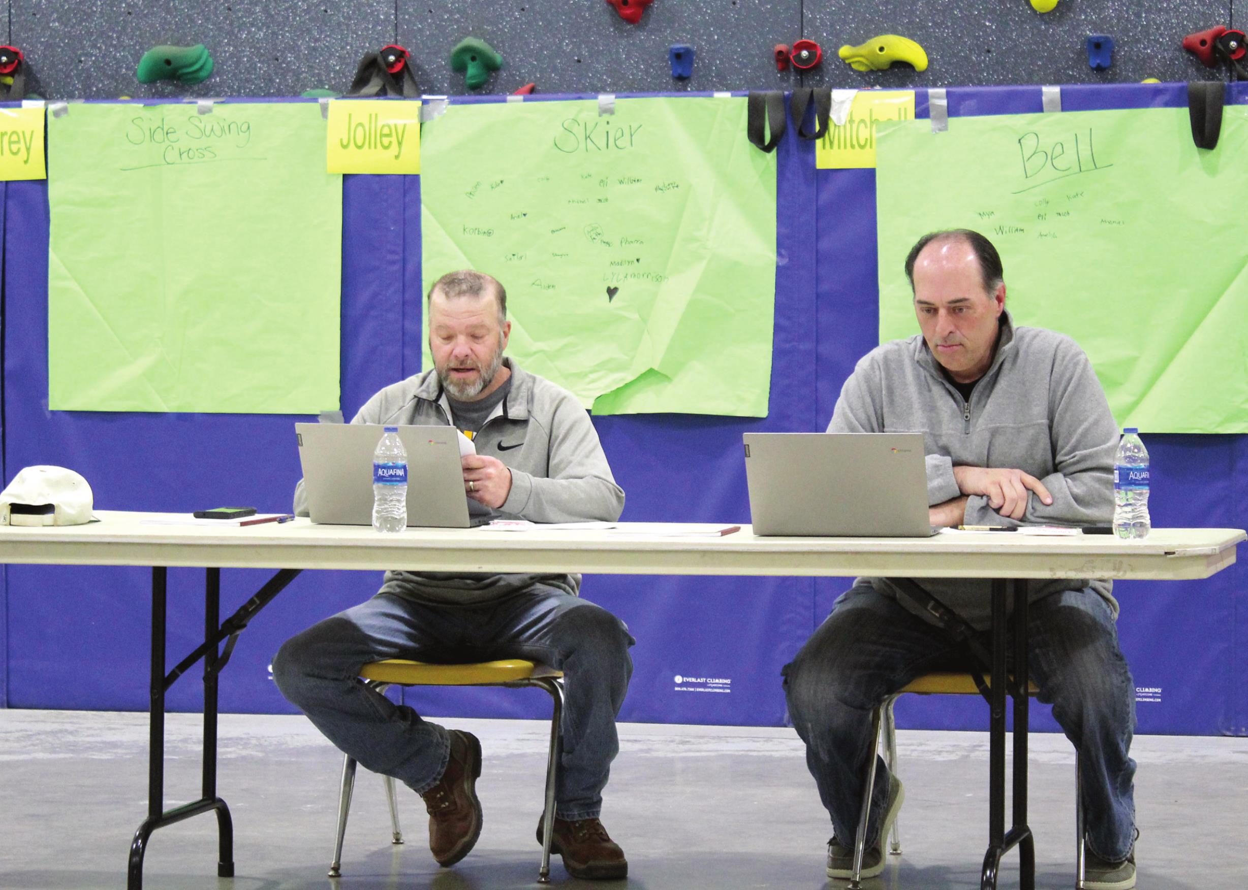 Tecumseh Board of Education President Shawn Fleming reads from his agenda, as Vice President Todd Kennedy looks at his laptop, during the Feb. 14 meeting, held at Cross Timbers Elementary. Countywide &amp; Sun/Natasha Dunagan