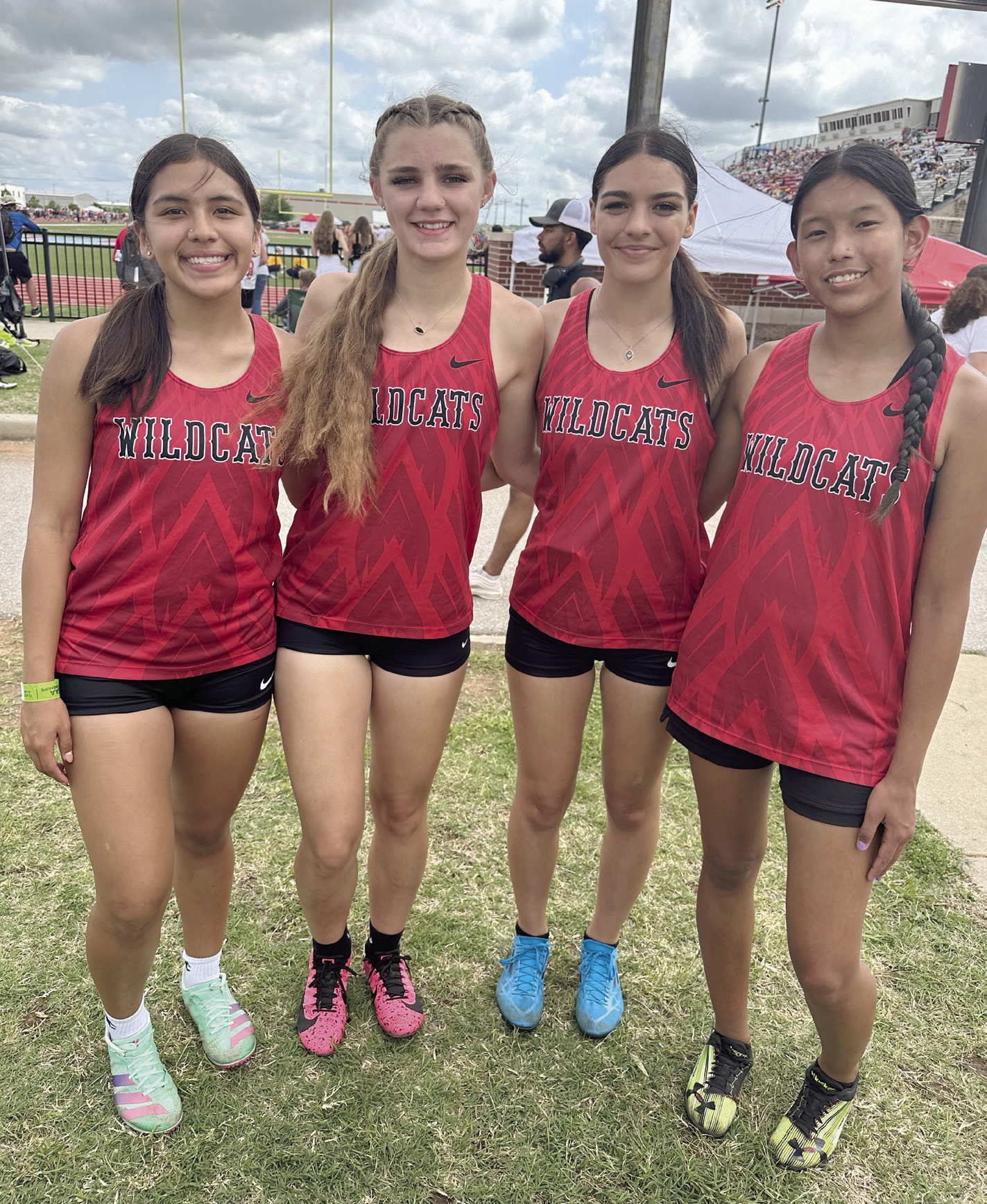 Earlsboro Lady Wildcats Track Team qualified for state in the 4x200 Relay! The Lady Wildcats qualified 15th in Class 1A, and finished 13th at the State Meet at Western Heights on May 3rd, after setting a new school record at 1:57:01 that beat the previous record of 1:58.26 also set by them. Members of the relay team, pictured left to right, are Mia Tanyan (Fr), Xalina McCarroll (So), Jayleen Castaneda (Sr), and Aha Roubidoux (Fr). The team is coached by Stacy Barton. Photo provided