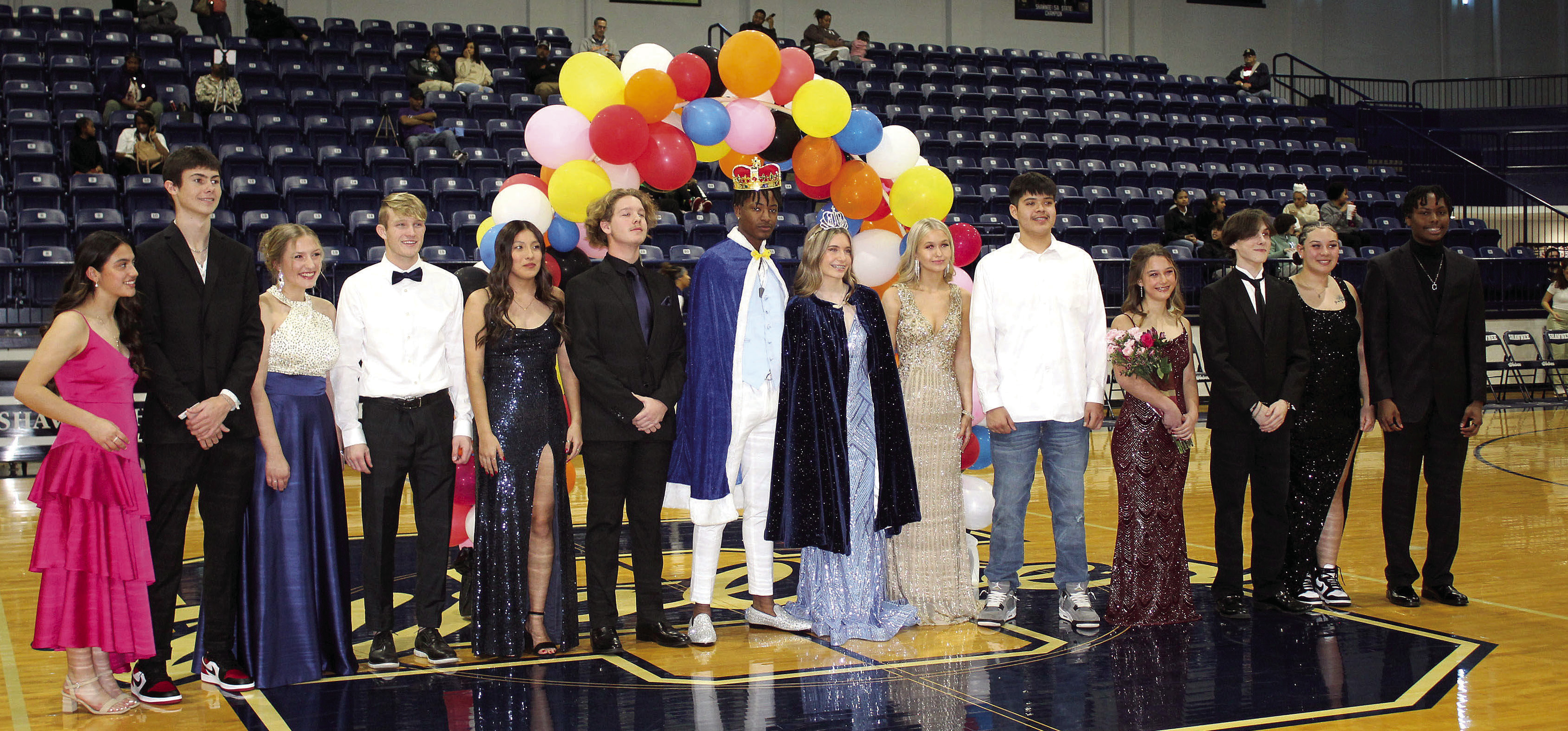 Shawnee High School held their Spring Homecoming on Tues., Jan. 10, before the Lady Wolves home game against Harding Prep. Seniors Kelon Chandler and Anna Jordan, who both represented tennis, were crowned King and Queen. Shown, from left, are Chanel Morales, Titus Wright, Ella Kate King, Zane Wilson, Stormee Sanchez, junior Triston Snider, Chandler, Jordan, Bella Pfeiff, Landon Primeaux, Mia Jennings, Preston Rumfelt, Jocelyn Williams and Colin Brooks. Countywide & Sun/Natasha Dunagan