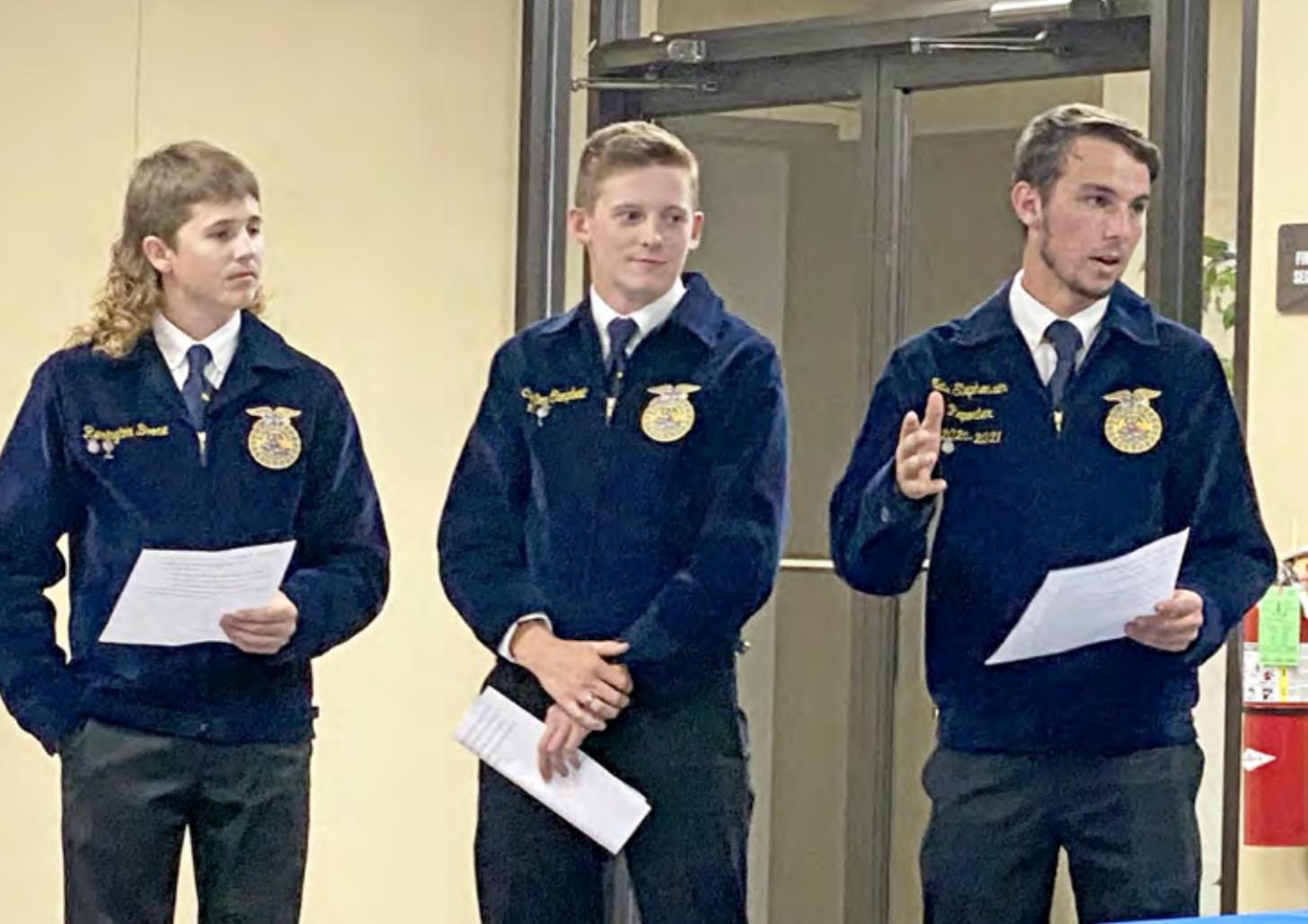 Bethel FFA Officers address the Bethel Board of Education during the meeting Monday, Oct. 11. Pictured from right President Nate Stevenson, Secretary Colton Campbell, and Sentenal Remington Boone. Countywide &amp; Sun/Suzie Campbell