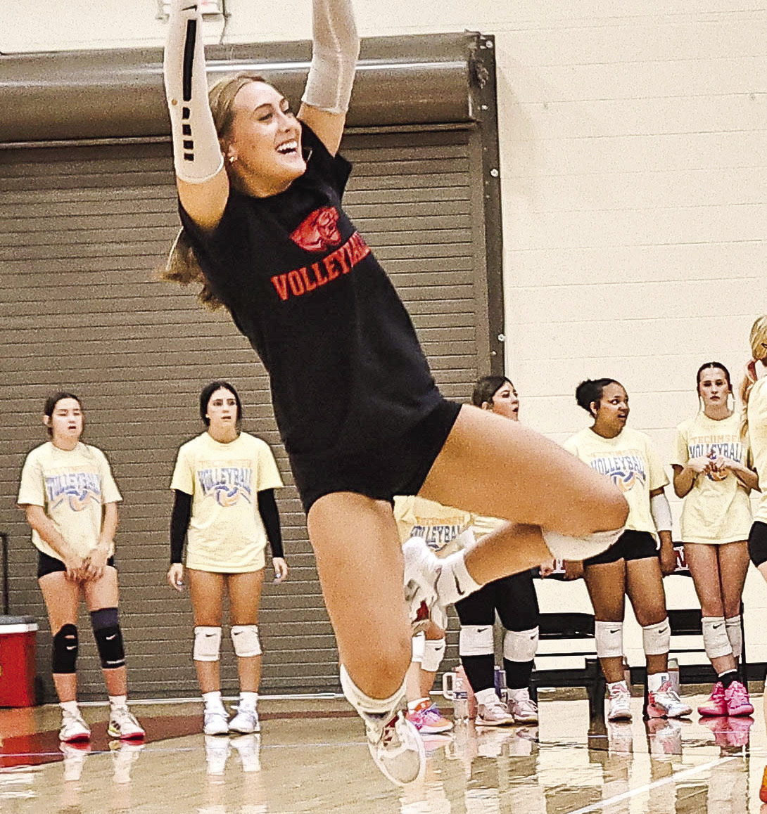 NRC senior Lily Dyer celebrates after a kill in the three-way volleyball scrimmage with Tecumseh and Shawnee on Aug. 3. Photos Courtesy of Gowin Photography