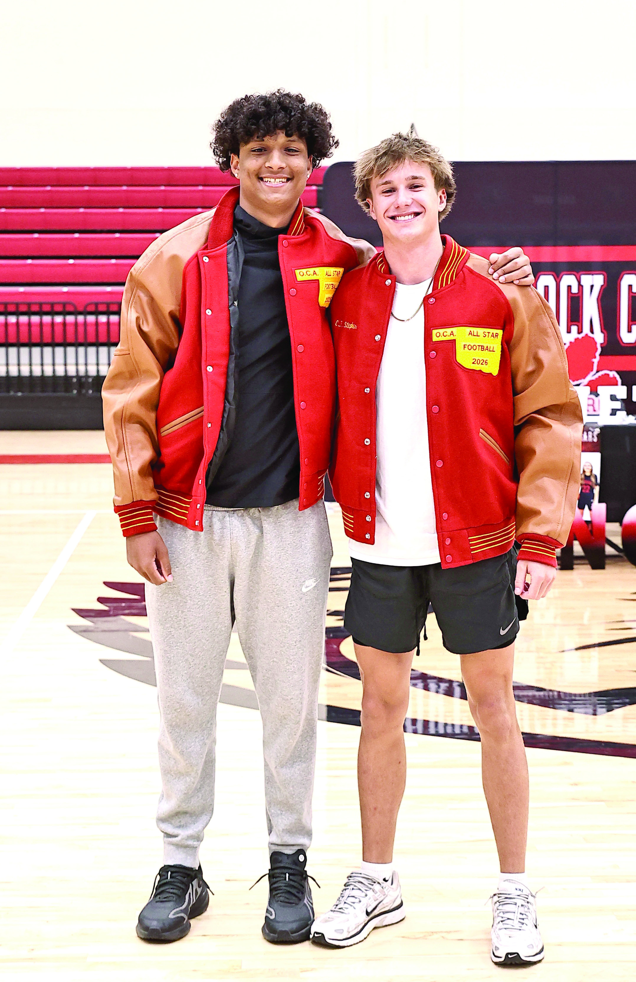 Memphis Burdine &amp; CJ Stephens received their OCA All-Star Football Jackets at last week's assembly. Photo Courtesy of Gowin Photography