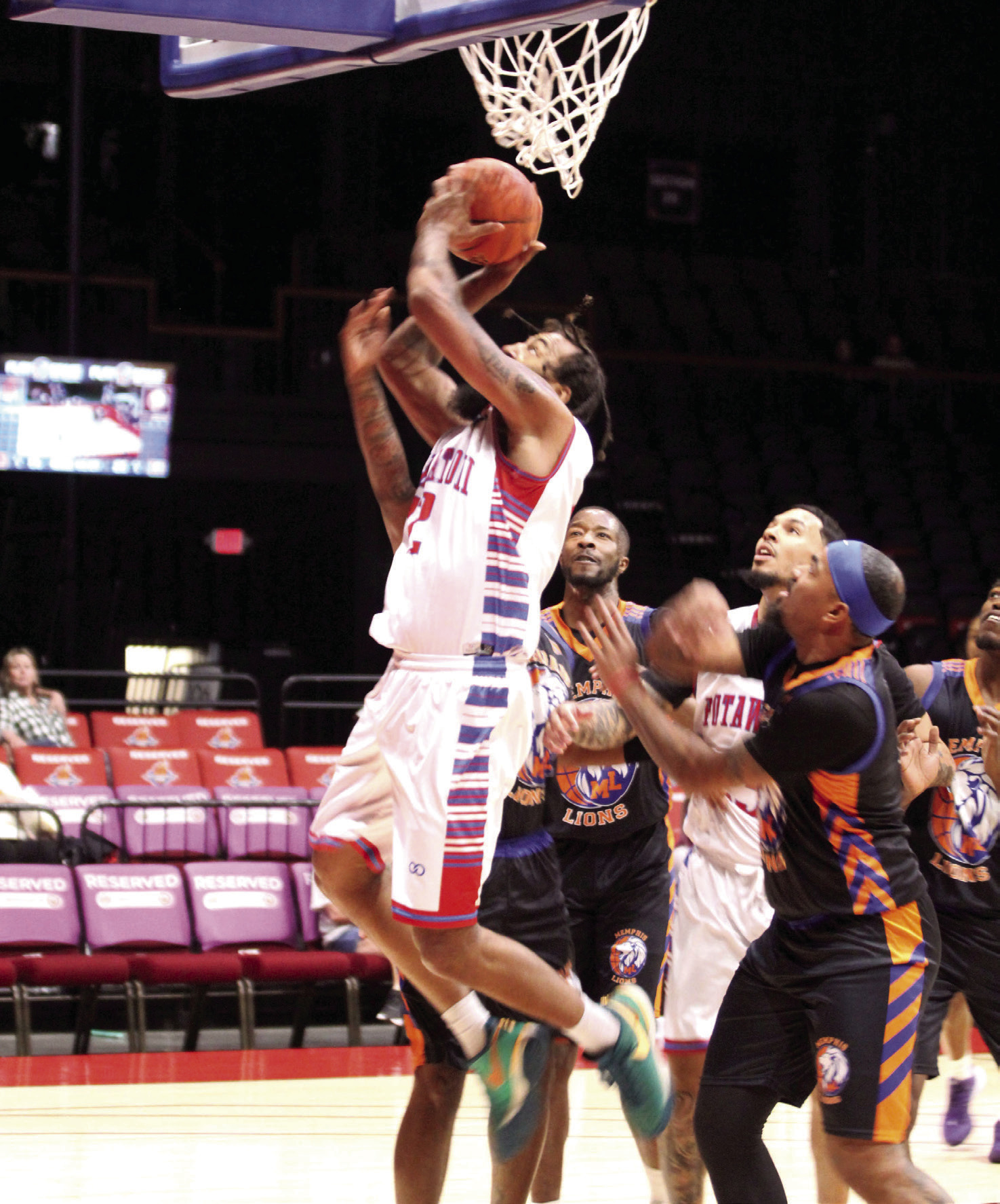 Potawatomi Fire center Johnny McCants puts up a rebound during the Free Exhibition game against the Memphis Lions on Feb. 28. The Fire begin their season tonight (March 5) at 7 pm at the FireLake Arena against the new TBL team, the ADS Sentinels. Photos by Natasha Dunagan, Countywide &amp; Sun
