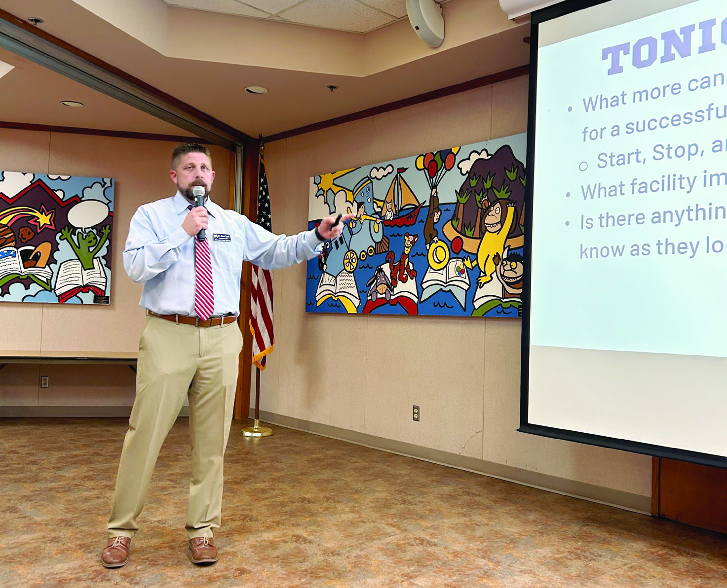 Shawnee Superintendent Dr. Aaron Espolt reviews topics for discussion during the Community Listening Forum held Monday, Aug. 28 at the Shawnee Public Library. Approximately 40 people attended the first of three scheduled forums. However, the school plans to schedule additional ones throughout the year. Countywide &amp; Sun/Suzie Campbell