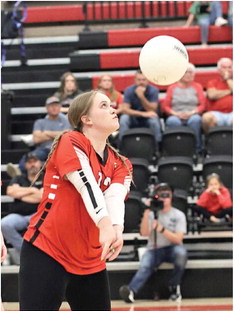North Rock Creek sweeps Tecumseh Tuesday, Sept. 12, the 9th grade, JV and Varsity. NRC raise $1080.00 for the Folds of Honor organization. Pictured above is Ally Mahaffey with a dig.