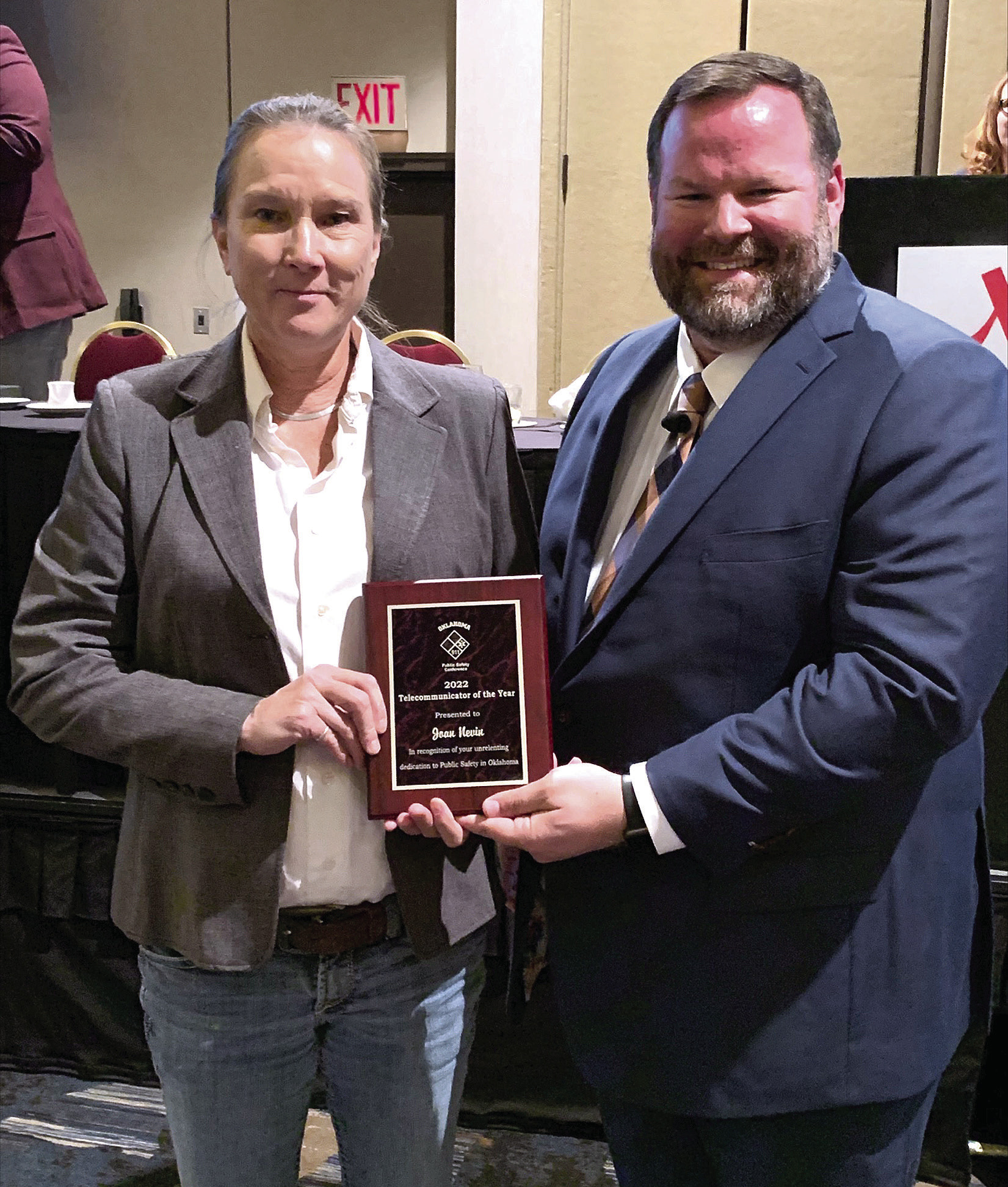 CPNPD dispatcher Joan Nevin accepts the Telecommunicator of the Year award for her exceptional focus and calm demeanor on the job. (Photo provided)