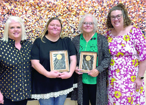 Angela Mitchell and Murna Lack pose with Cross Timbers Elementary Dean of Students Lisa Thompson, far left, and Principal Alisha Jonker, far right, during the Tecumseh Chamber of Commerce Teacher Appreciation Luncheon on April 24. Lack received a Lola C. Durham Award, and Mitchell accepted a President’s Award.