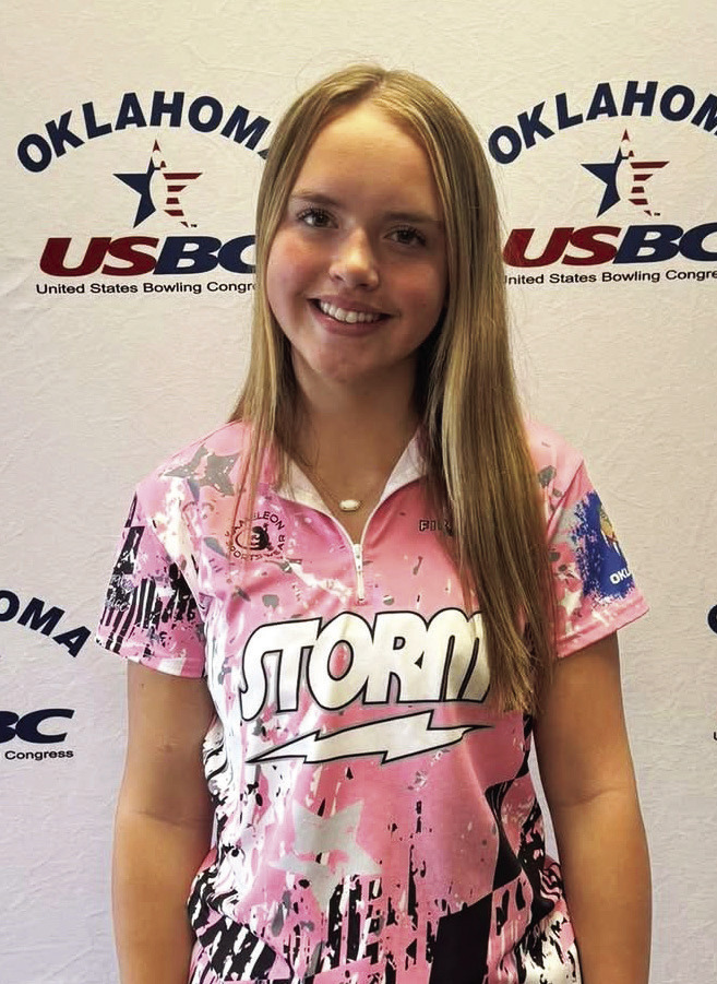 Alyssa Cheatwood, Shawnee 8th grader, is storming through the bowling community. She recently took first place in doubles with her partner, Ali Biscaino, and placed 5th in Stratch All-Events at the Oklahoma Bowling Youth State Championship held in Norman. She's headed to Greenbay, WI this summer to compete in the Junior Gold Championship 2025 in the U15 Girls Division. Photo Provided