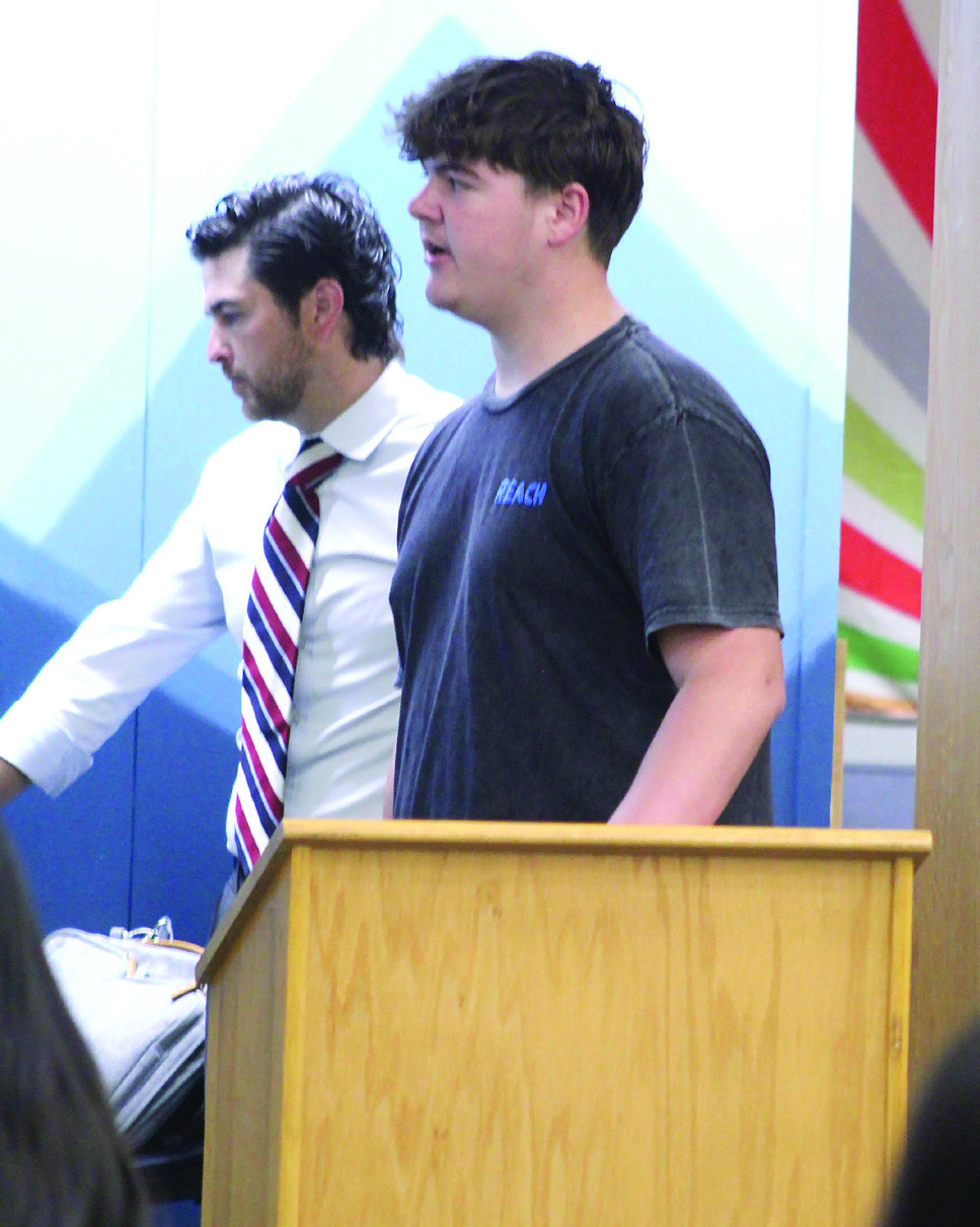 Tecumseh High School senior Shane Blankenship speaks about interning at the Countywide & Sun newspaper this semester, on May 14. Blankenship plans to attend Northern OK College: Stillwater and Oklahoma State University to pursue a career in sports broadcasting. Also shown is Internship Director Justin Wood, who is operating the slide show. Wood said THS had 60 interns at 30 different sites for the 2025-26 school year, and 11 of them gave presentations about their experiences that morning. By Natasha Dunagan