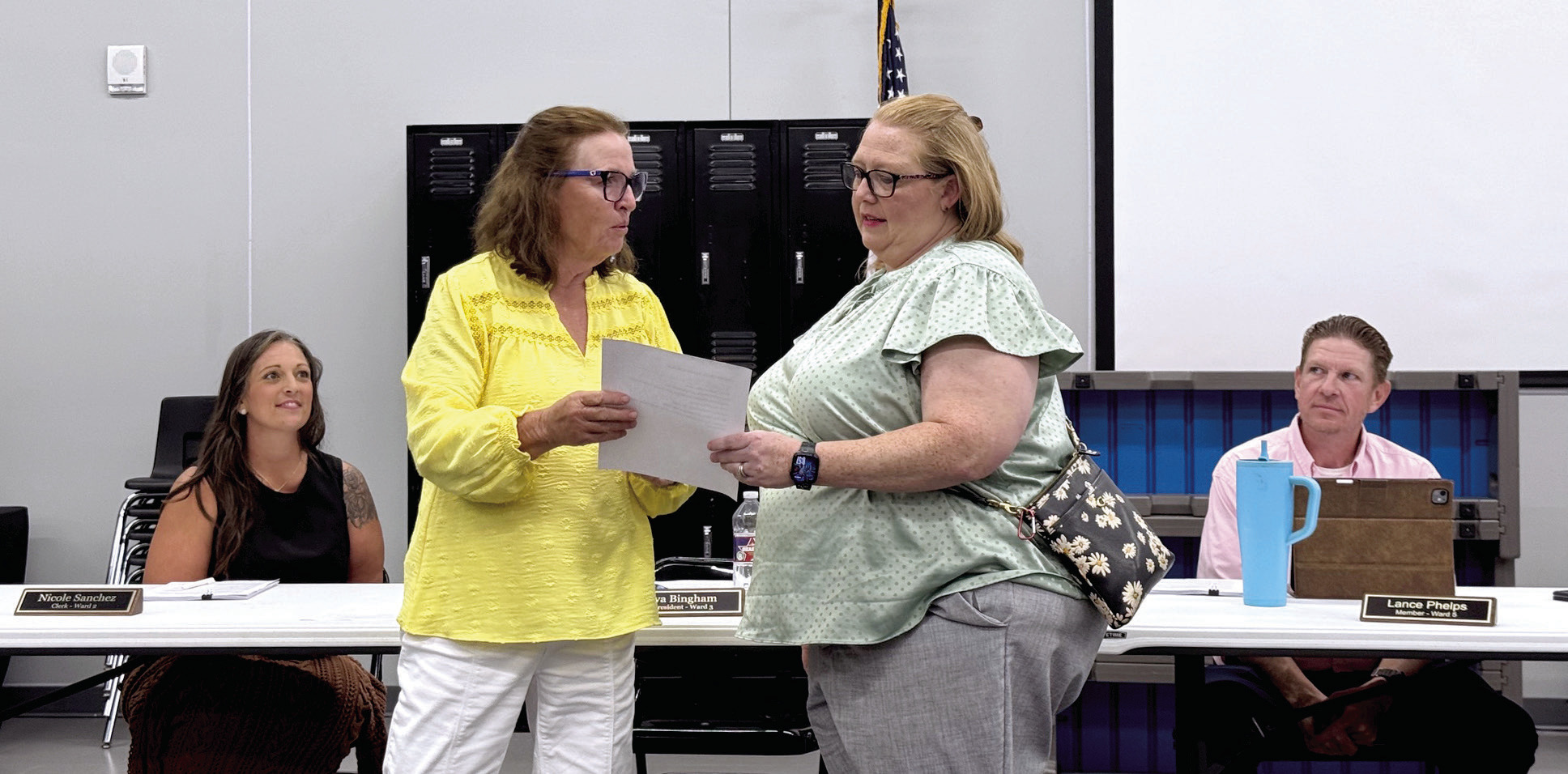 Amanda Kelly was sworn in to Ward #4 Seat at the June Tecumseh School Board meeting by Board President Iva Bingham. Board members, Nicole Sanchez and Lance Phelps look on. Since Kelly does not live in the ward boundaries, she will finish out the term, ending in two years. Julie Talton, Countywide &amp; Sun