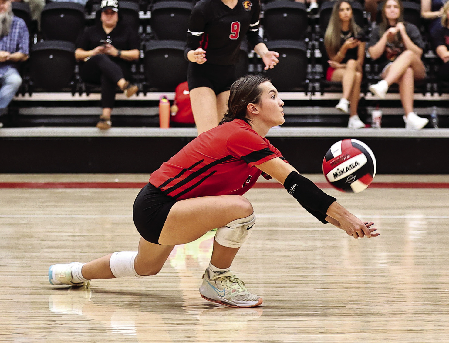 The North Rock Creek Volleyball Team swept Tishomingo in all three matches, Freshmen, JV, and Varsity on Aug. 18. Thursday (today) they will take on Bethany at home. Jaynie Ford goes low to set up the play.
