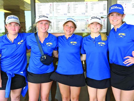 Bethel Lady Wildcats Golf Team finished fourth at Kingfisher Tuesday, Apr. 18 to qualify for Regionals. Kloee Nichols shot an 87 for an individual fourth place finish. The team will tee off Tuesday, Apr. 25 in Purcell at the 3A Regional tournament. Picture from left are Faith Wilderson, Kloee Nichols, Larron Morris, Presley Mcklintok, and Sara Bliss. Photo provided